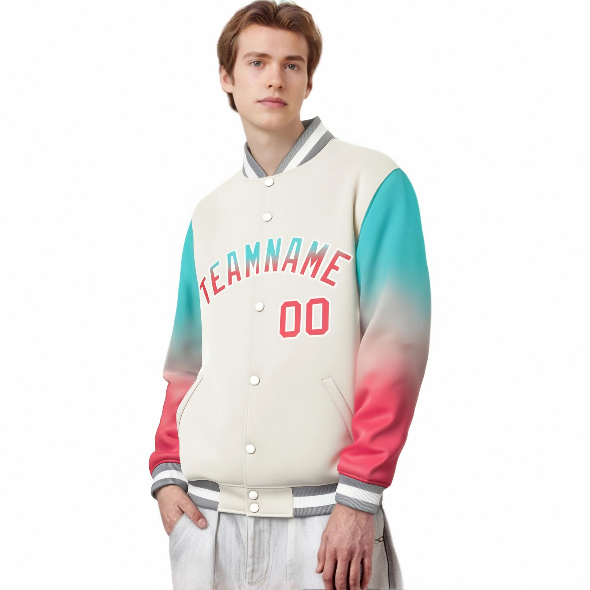 Custom Cream Aqua-Light Red Varsity Full-Snap Sleeve Gradient Fashion Letterman Baseball Jacket