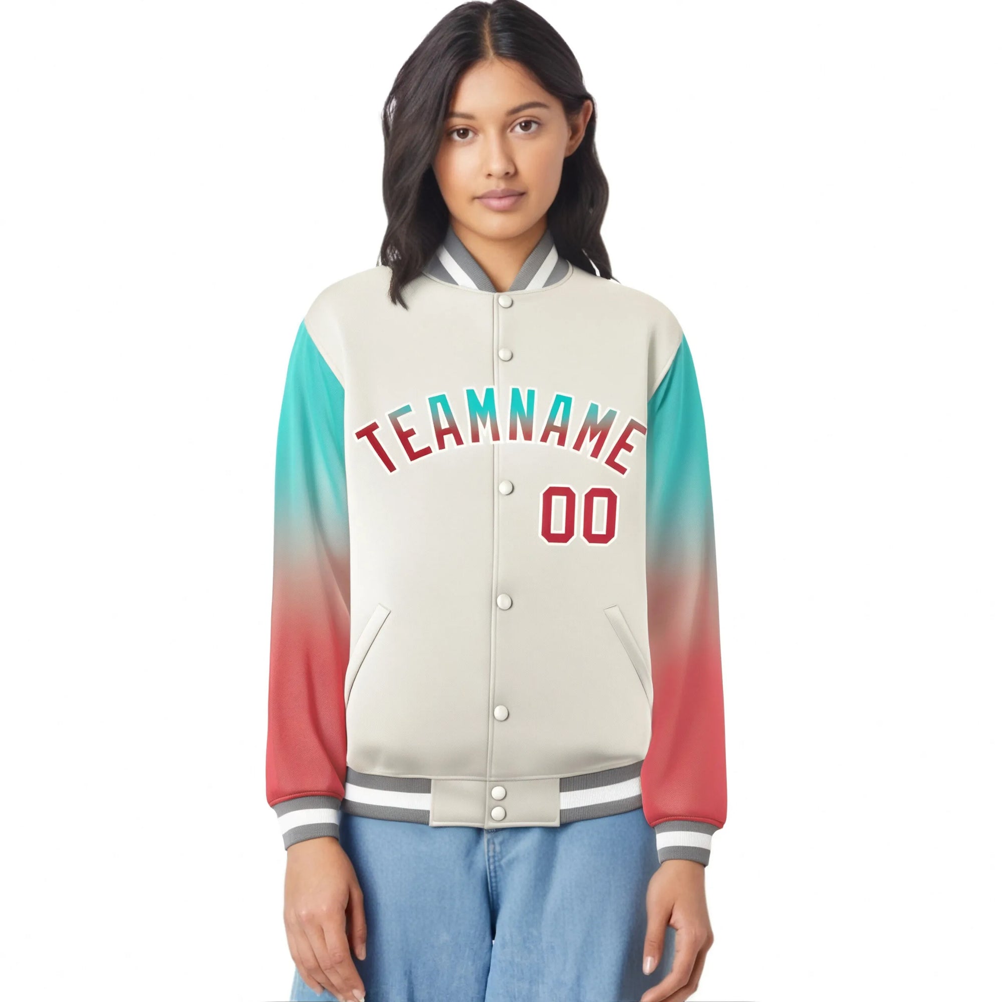 Custom Cream Aqua-Light Red Varsity Full-Snap Sleeve Gradient Fashion Letterman Baseball Jacket