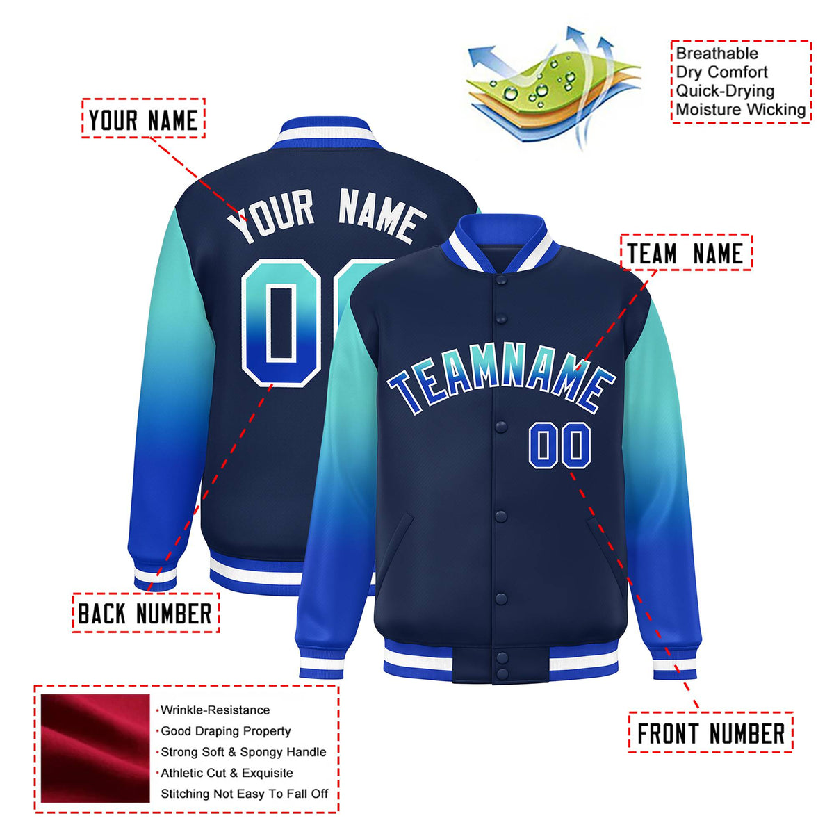 Custom Navy Aqua-Royal Blue Varsity Full-Snap Sleeve Gradient Fashion Letterman Baseball Jacket