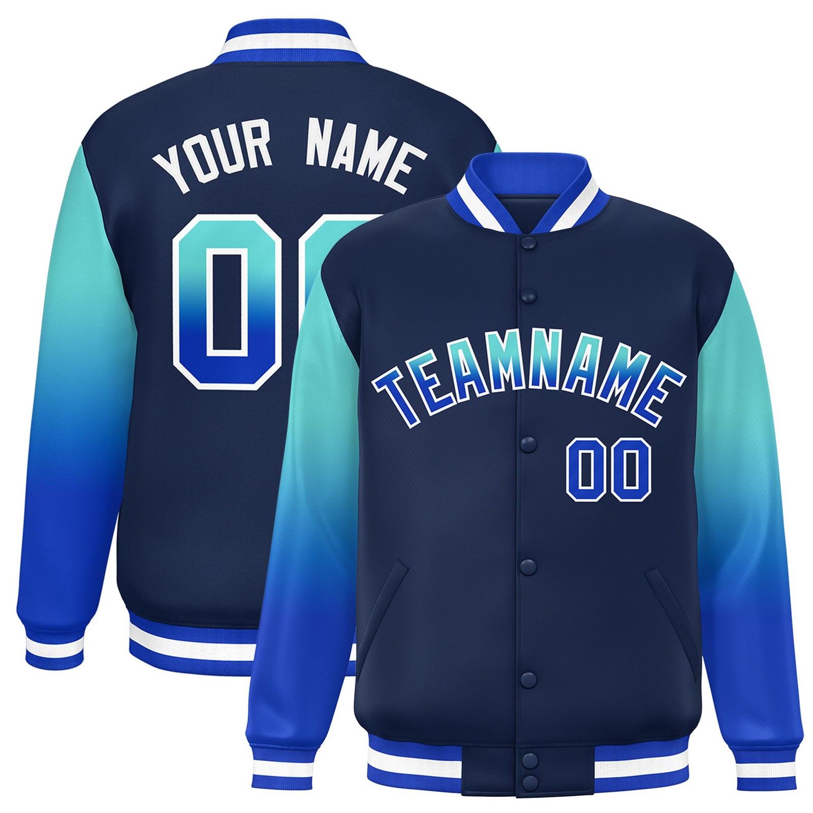 Custom Navy Aqua-Royal Blue Varsity Full-Snap Sleeve Gradient Fashion Letterman Baseball Jacket
