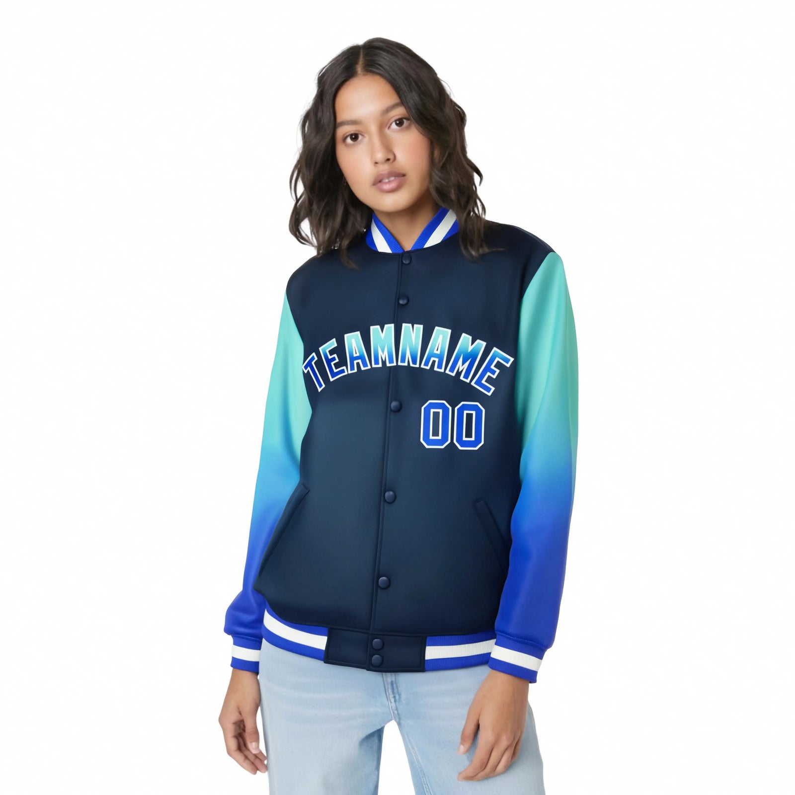 Custom Navy Aqua-Royal Blue Varsity Full-Snap Sleeve Gradient Fashion Letterman Baseball Jacket