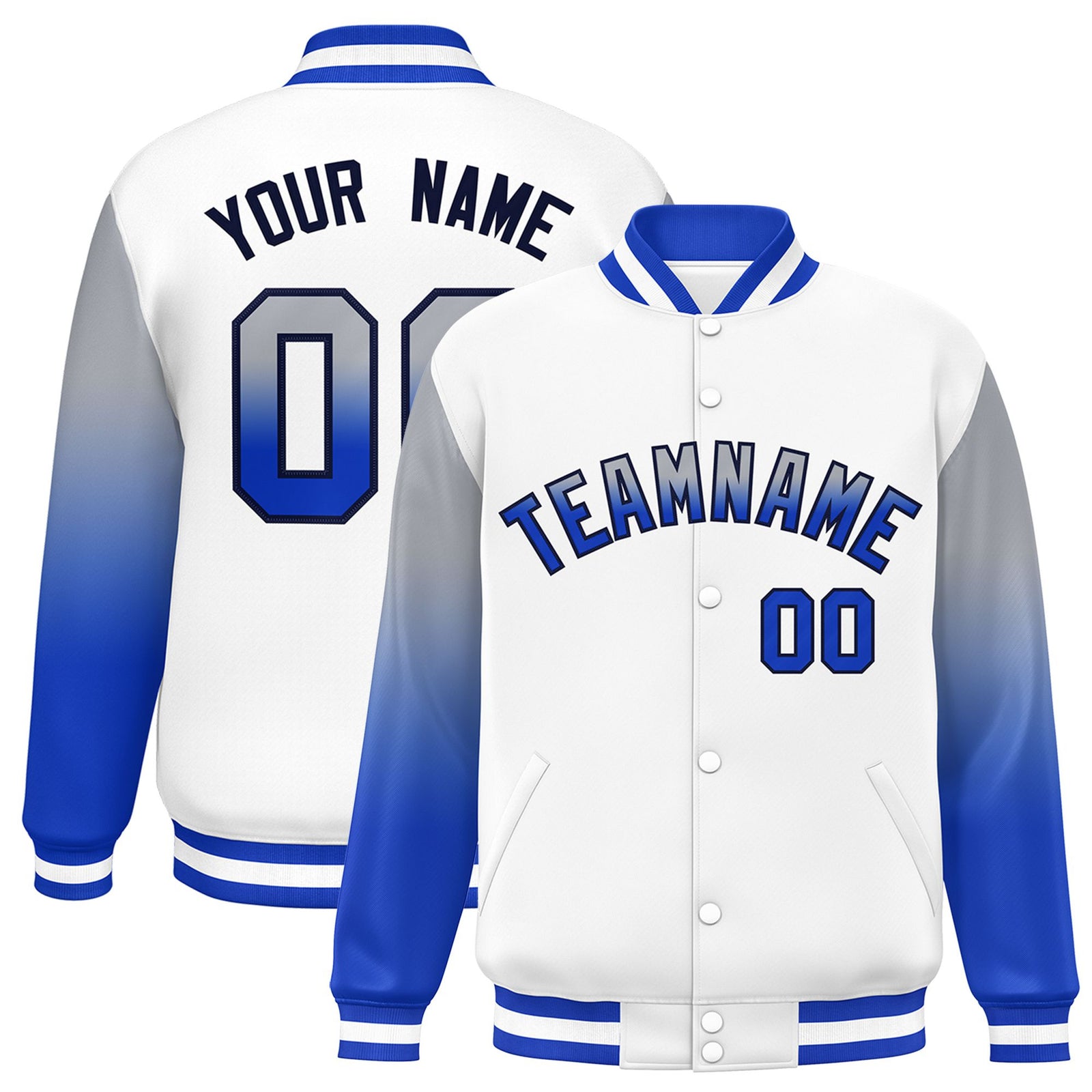 Custom White Gray-Royal Blue Varsity Full-Snap Sleeve Gradient Fashion Letterman Baseball Jacket