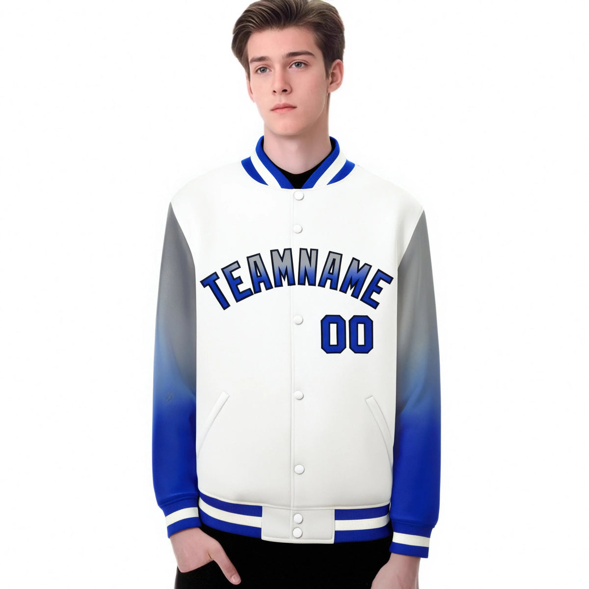 Custom White Gray-Royal Blue Varsity Full-Snap Sleeve Gradient Fashion Letterman Baseball Jacket