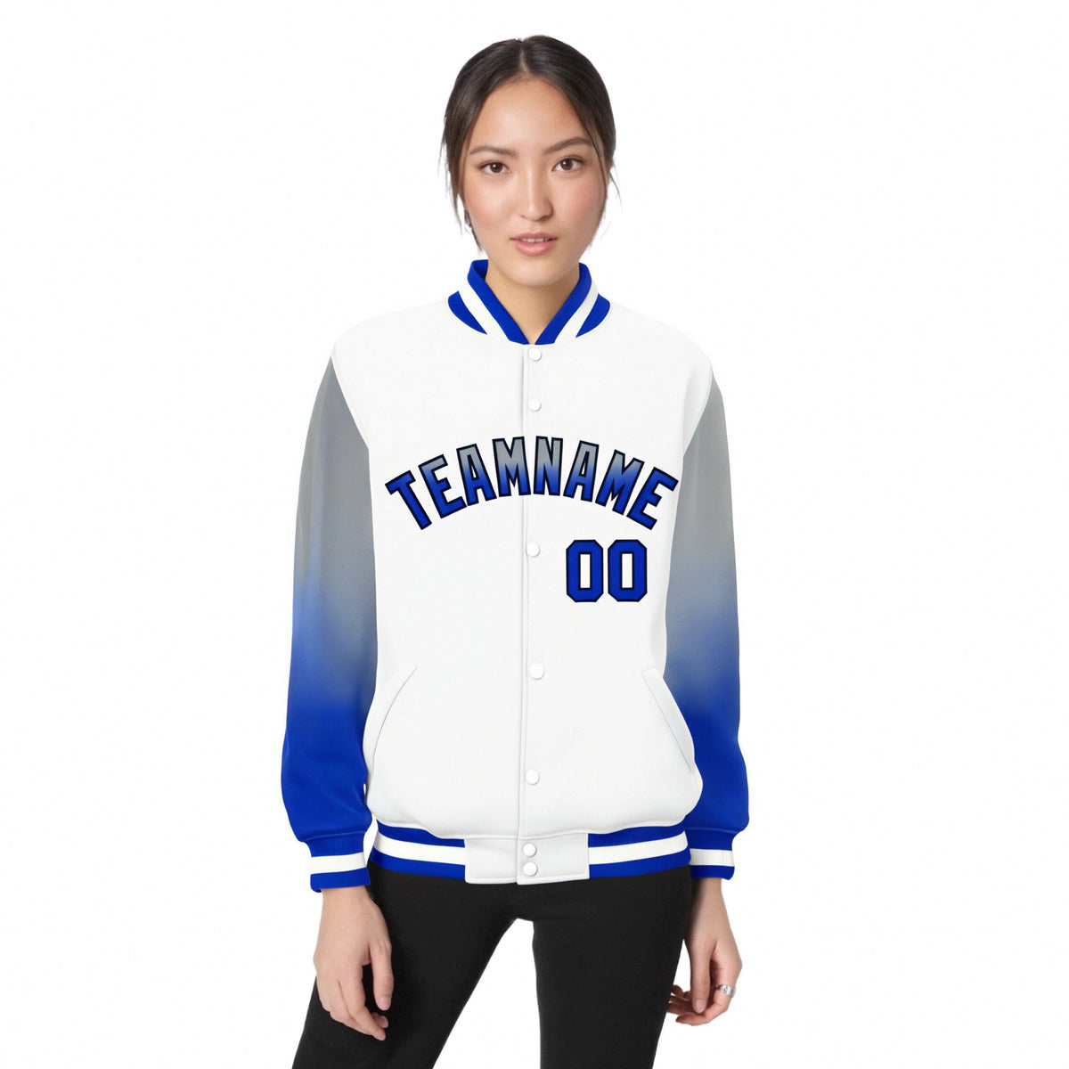 Custom White Gray-Royal Blue Varsity Full-Snap Sleeve Gradient Fashion Letterman Baseball Jacket