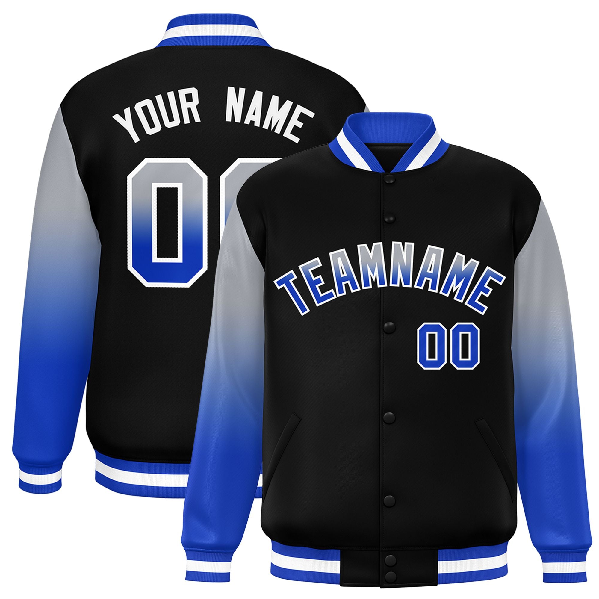 Custom Black Gray-Royal Blue Varsity Full-Snap Sleeve Gradient Fashion Letterman Baseball Jacket