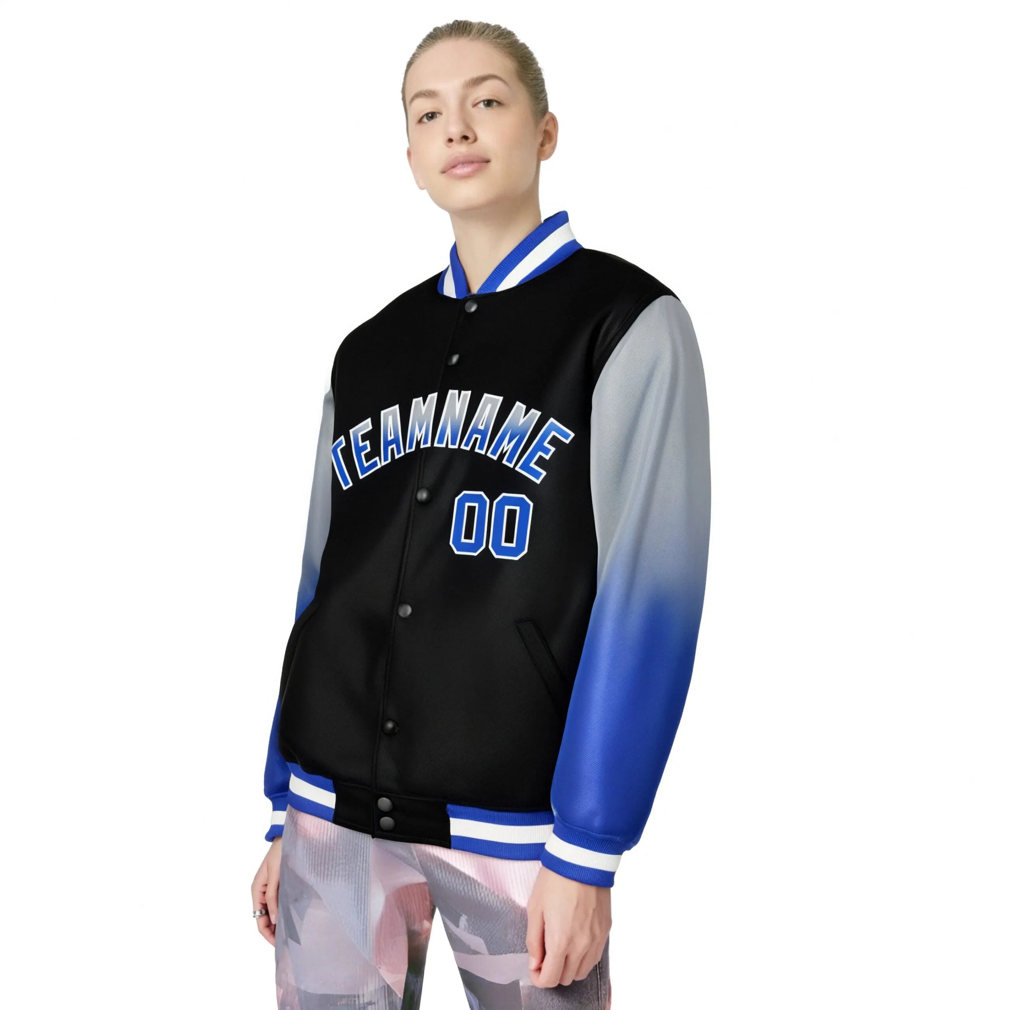 Custom Black Gray-Royal Blue Varsity Full-Snap Sleeve Gradient Fashion Letterman Baseball Jacket