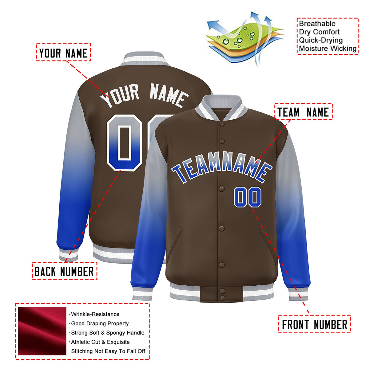 Custom Light Brown Gray-Royal Blue Varsity Full-Snap Sleeve Gradient Fashion Letterman Baseball Jacket