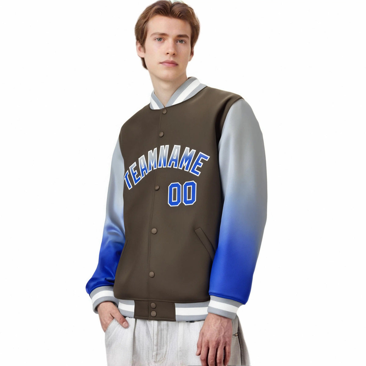 Custom Light Brown Gray-Royal Blue Varsity Full-Snap Sleeve Gradient Fashion Letterman Baseball Jacket