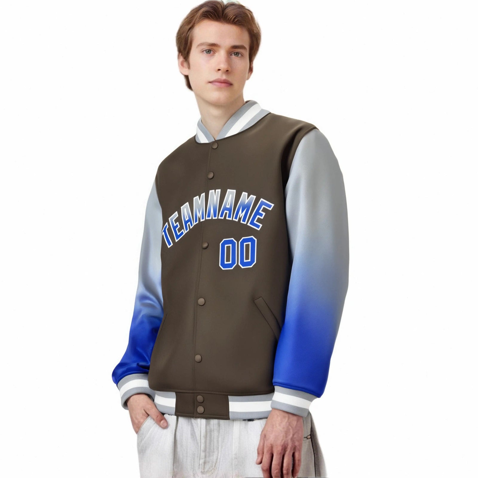 Custom Light Brown Gray-Royal Blue Varsity Full-Snap Sleeve Gradient Fashion Letterman Baseball Jacket
