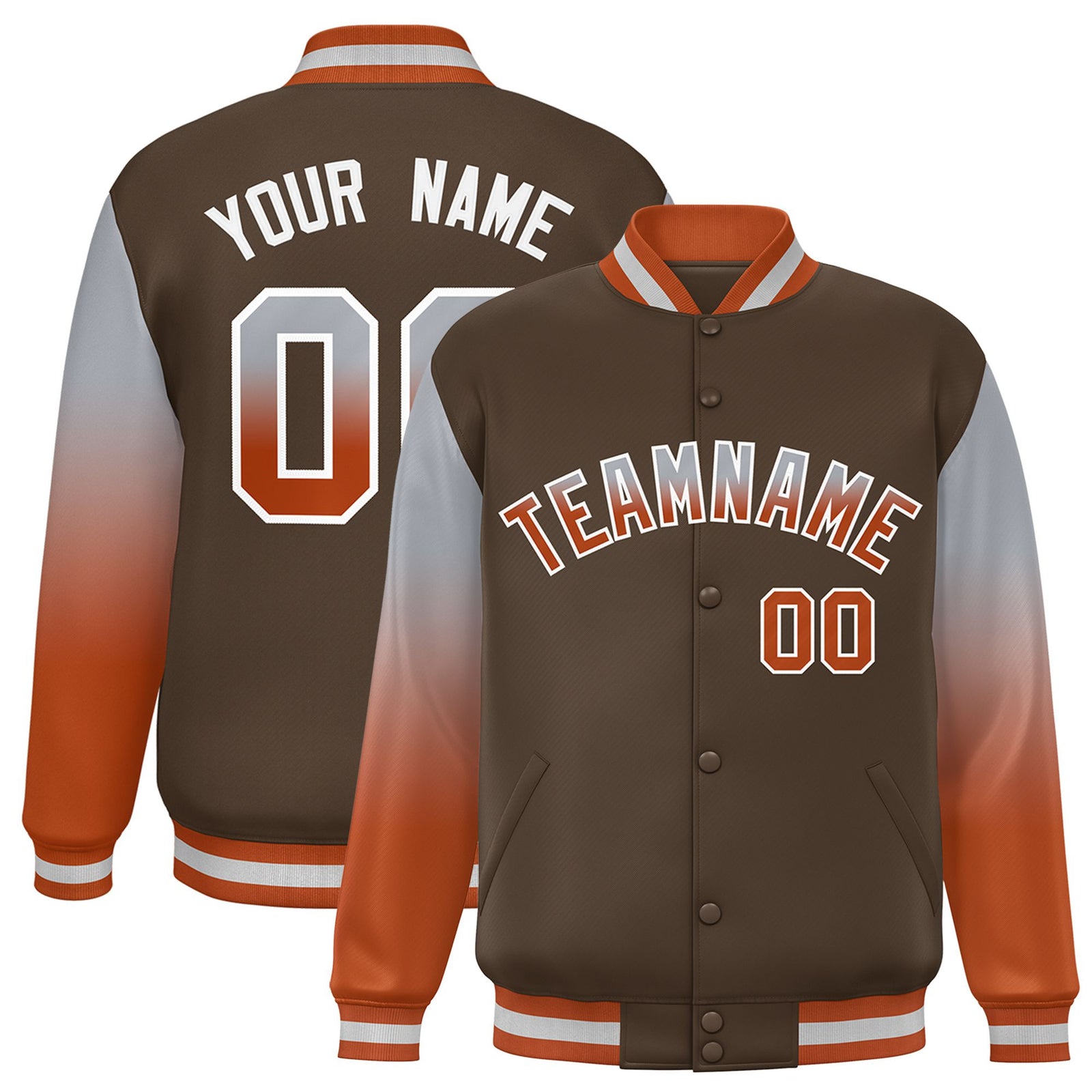 Custom Light Brown Gray-Munsell Varsity Full-Snap Sleeve Gradient Fashion Letterman Baseball Jacket