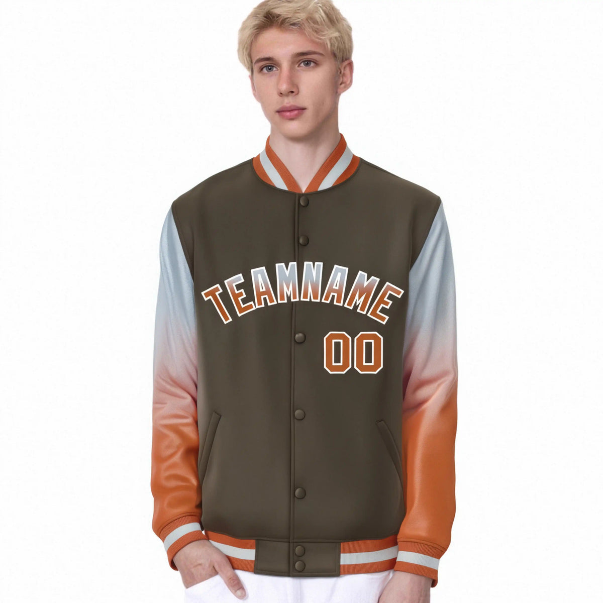 Custom Light Brown Gray-Munsell Varsity Full-Snap Sleeve Gradient Fashion Letterman Baseball Jacket