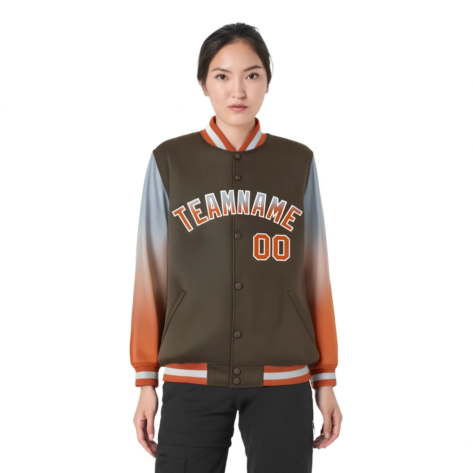 Custom Light Brown Gray-Munsell Varsity Full-Snap Sleeve Gradient Fashion Letterman Baseball Jacket