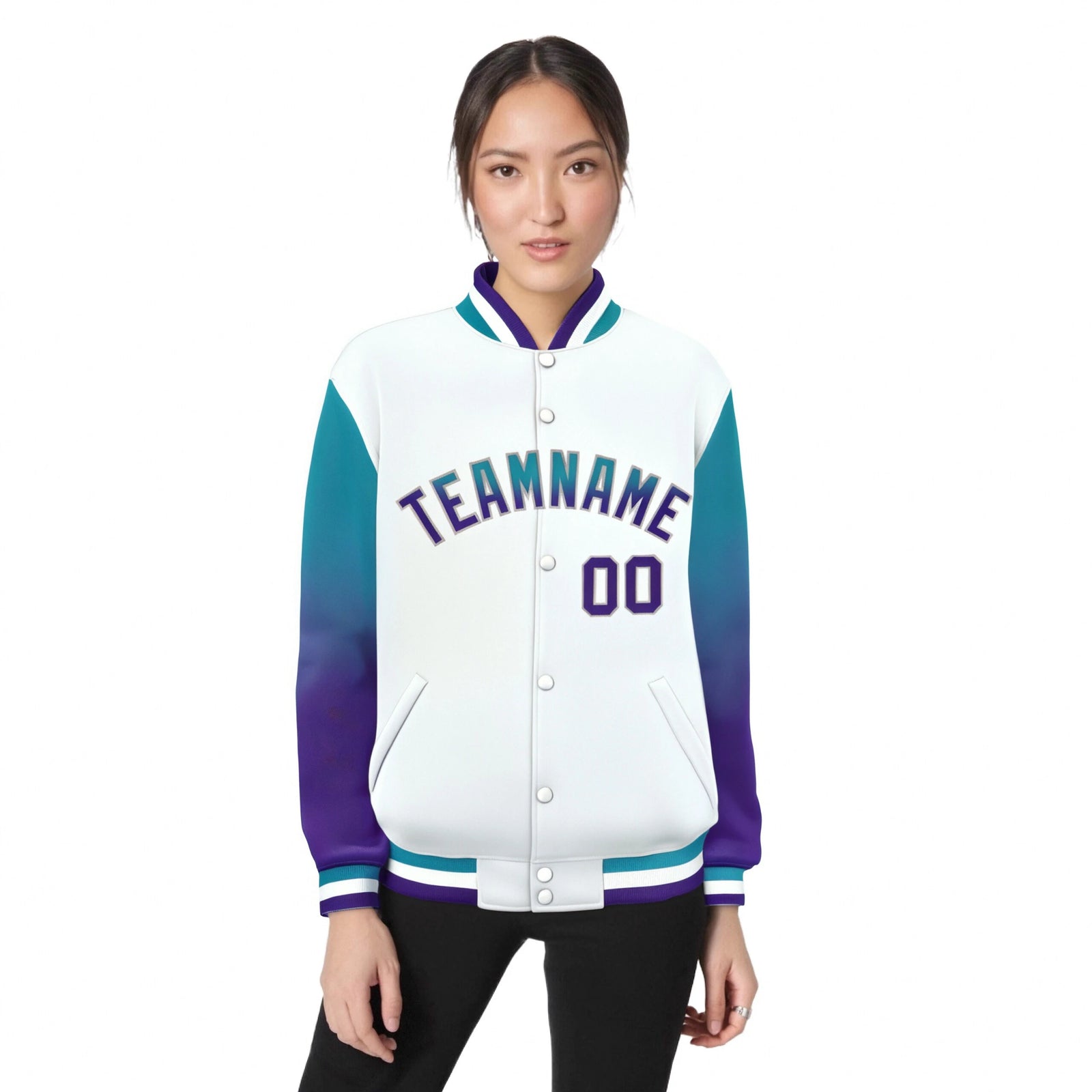 Custom White Aqua-Purple Varsity Full-Snap Sleeve Gradient Fashion Letterman Baseball Jacket