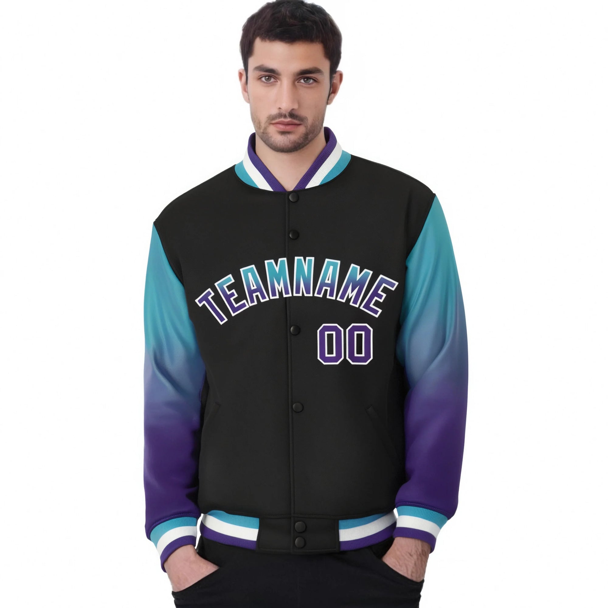 Custom Black Aqua-Purple Varsity Full-Snap Sleeve Gradient Fashion Letterman Baseball Jacket