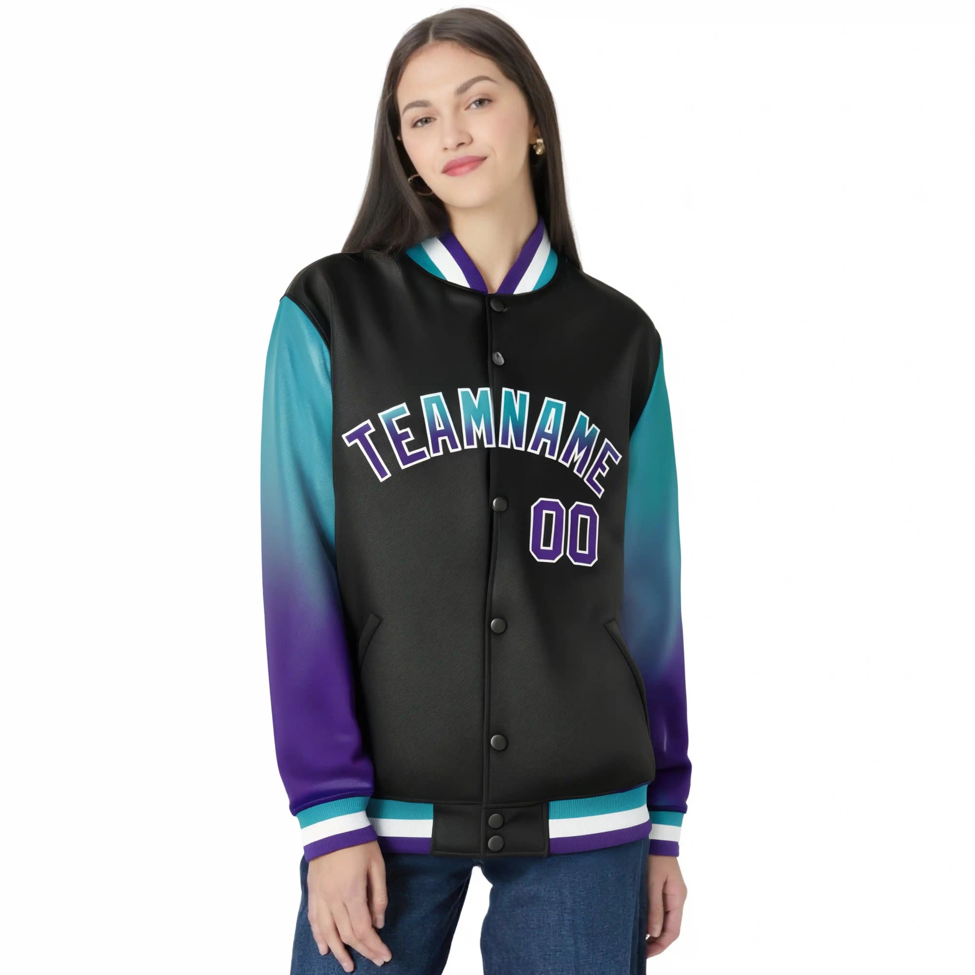 Custom Black Aqua-Purple Varsity Full-Snap Sleeve Gradient Fashion Letterman Baseball Jacket