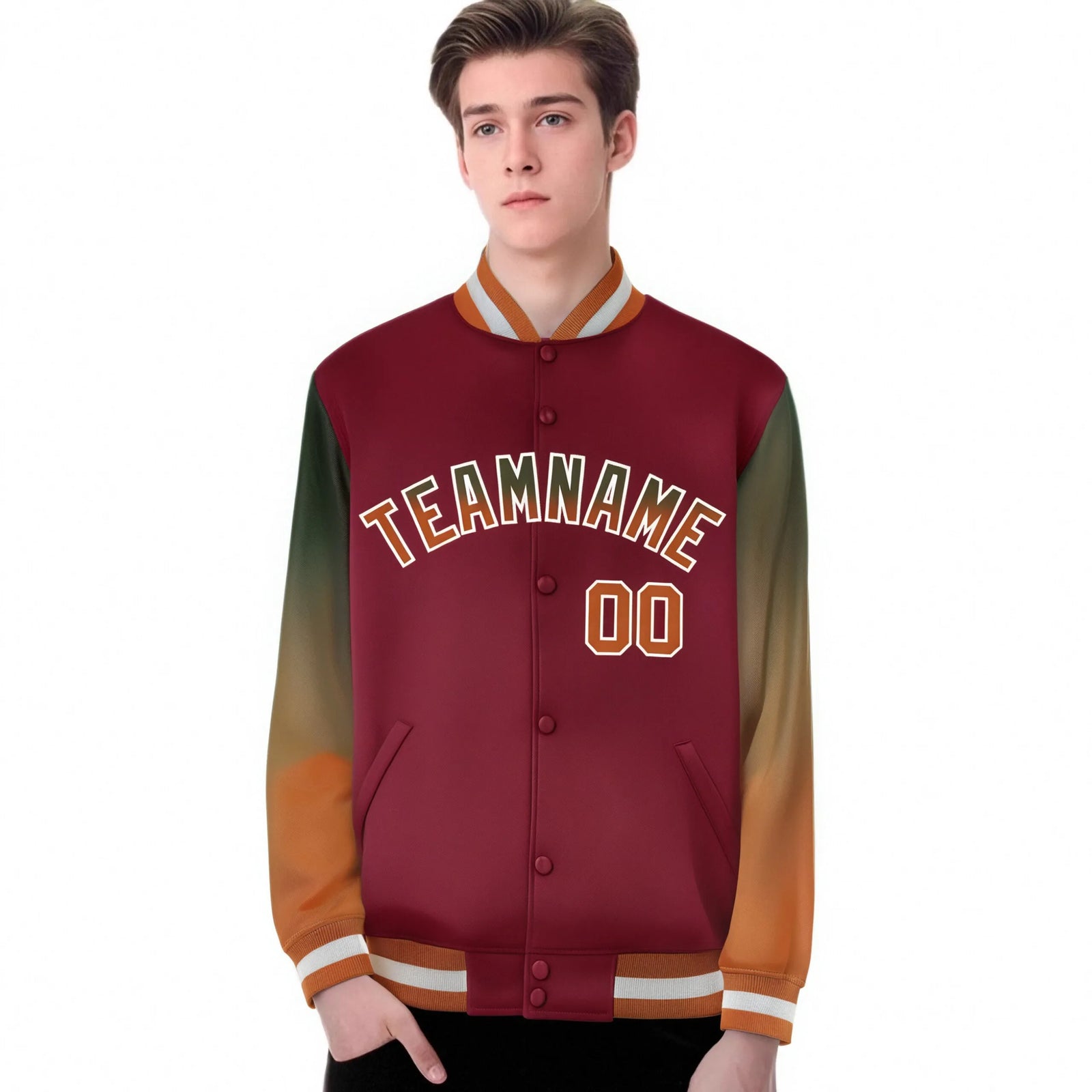 Custom Crimson Olive-Munsell Varsity Full-Snap Sleeve Gradient Fashion Letterman Baseball Jacket