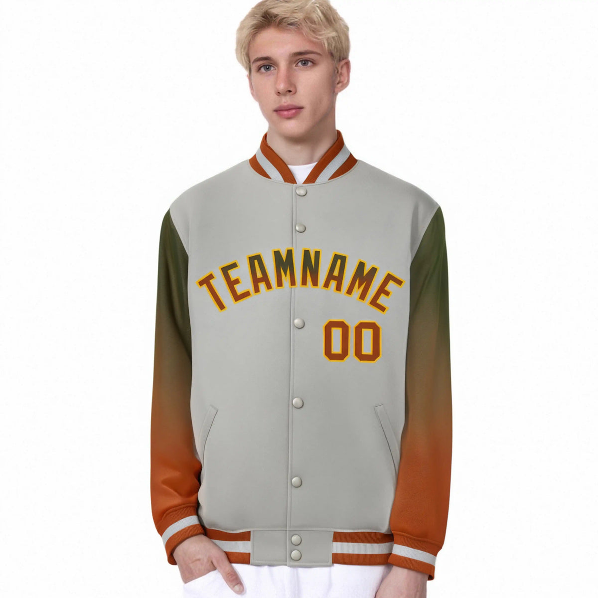 Custom Gray Olive-Munsell Varsity Full-Snap Sleeve Gradient Fashion Letterman Baseball Jacket