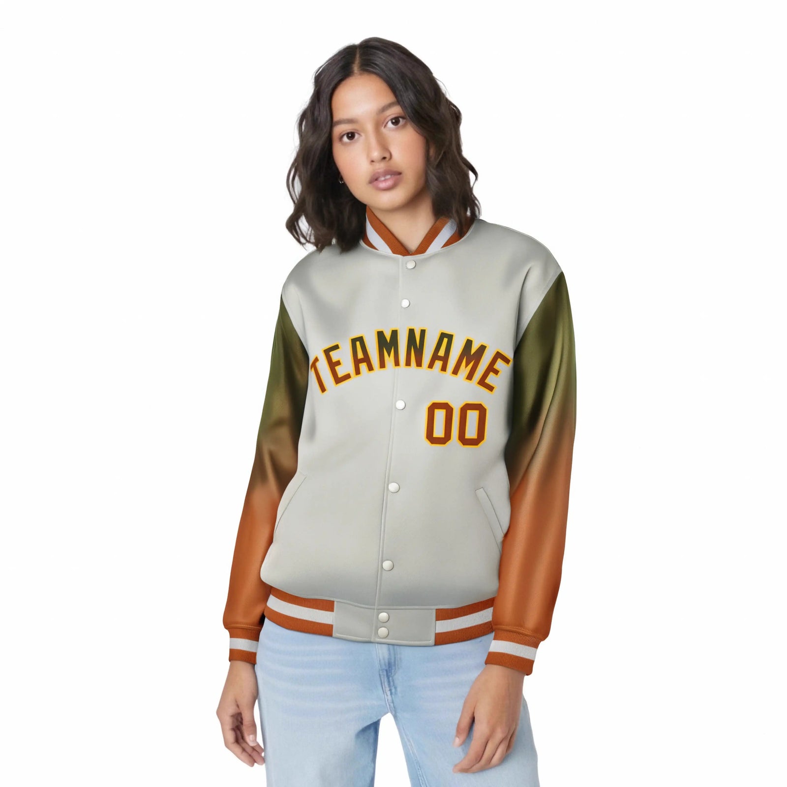 Custom Gray Olive-Munsell Varsity Full-Snap Sleeve Gradient Fashion Letterman Baseball Jacket