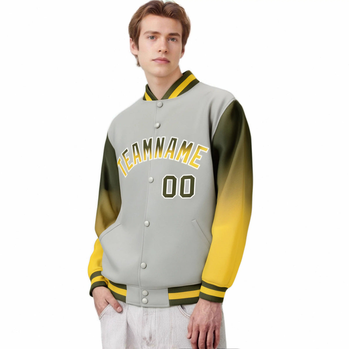 Custom Gray Olive-Gold Varsity Full-Snap Sleeve Gradient Fashion Letterman Baseball Jacket