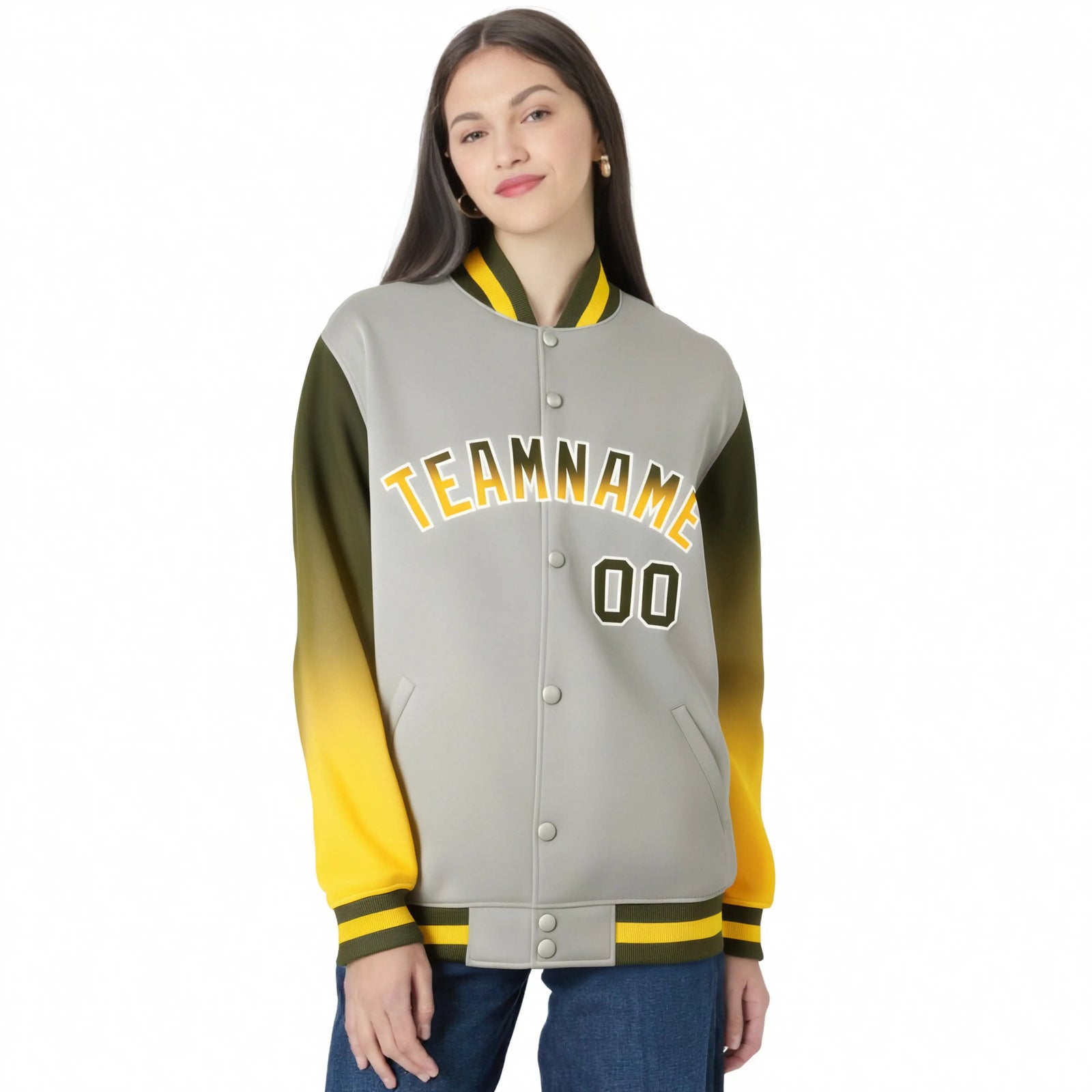 Custom Gray Olive-Gold Varsity Full-Snap Sleeve Gradient Fashion Letterman Baseball Jacket