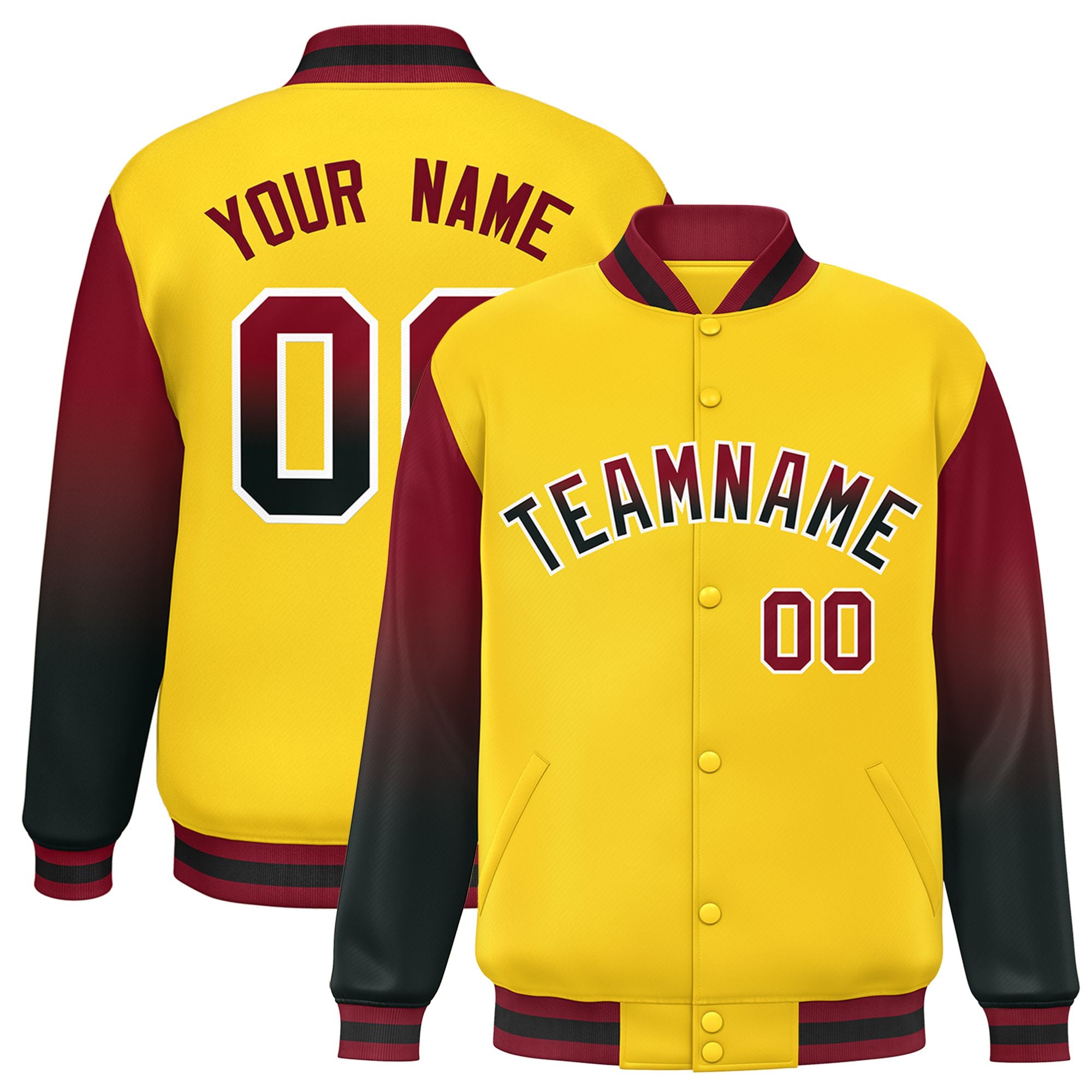 Custom Gold Crimson-Dark Gray Varsity Full-Snap Sleeve Gradient Fashion Letterman Baseball Jacket