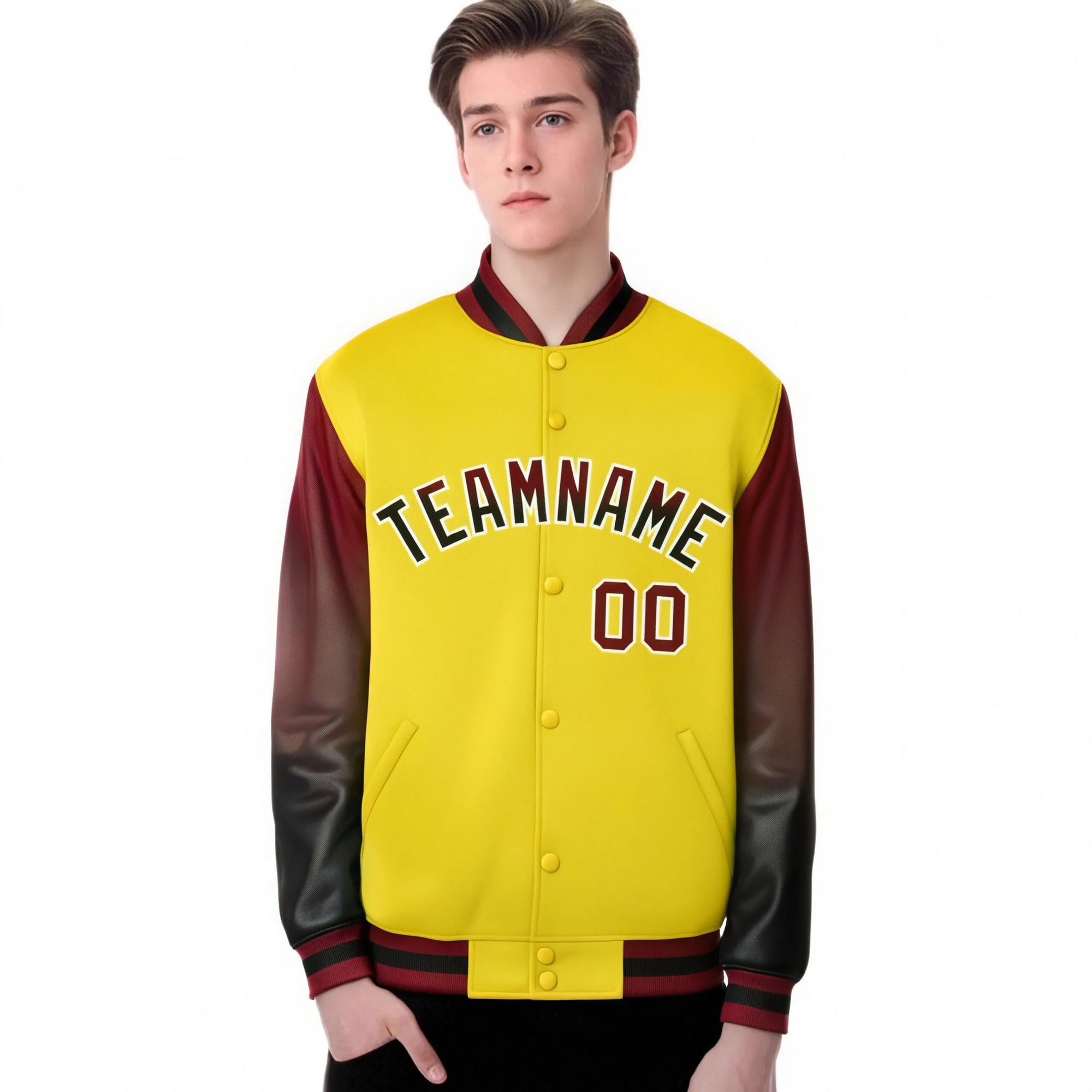 Custom Gold Crimson-Dark Gray Varsity Full-Snap Sleeve Gradient Fashion Letterman Baseball Jacket