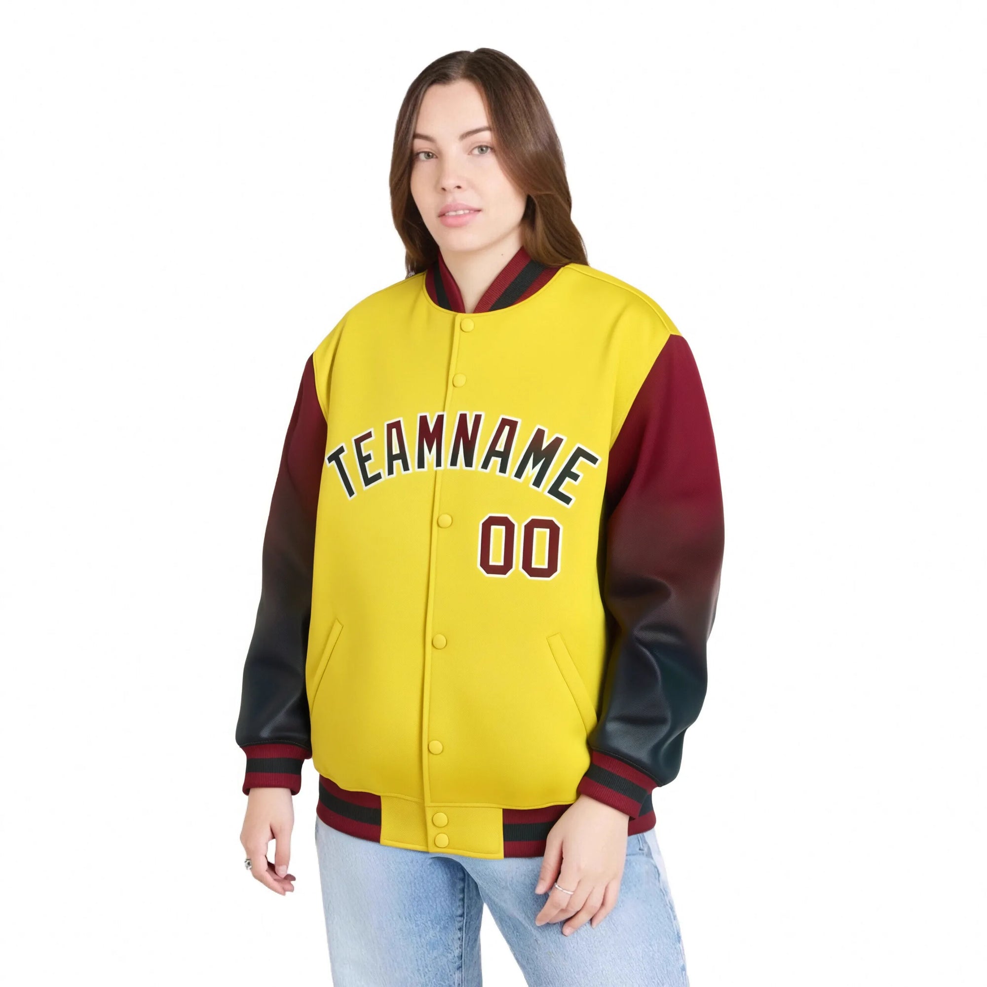 Custom Gold Crimson-Dark Gray Varsity Full-Snap Sleeve Gradient Fashion Letterman Baseball Jacket