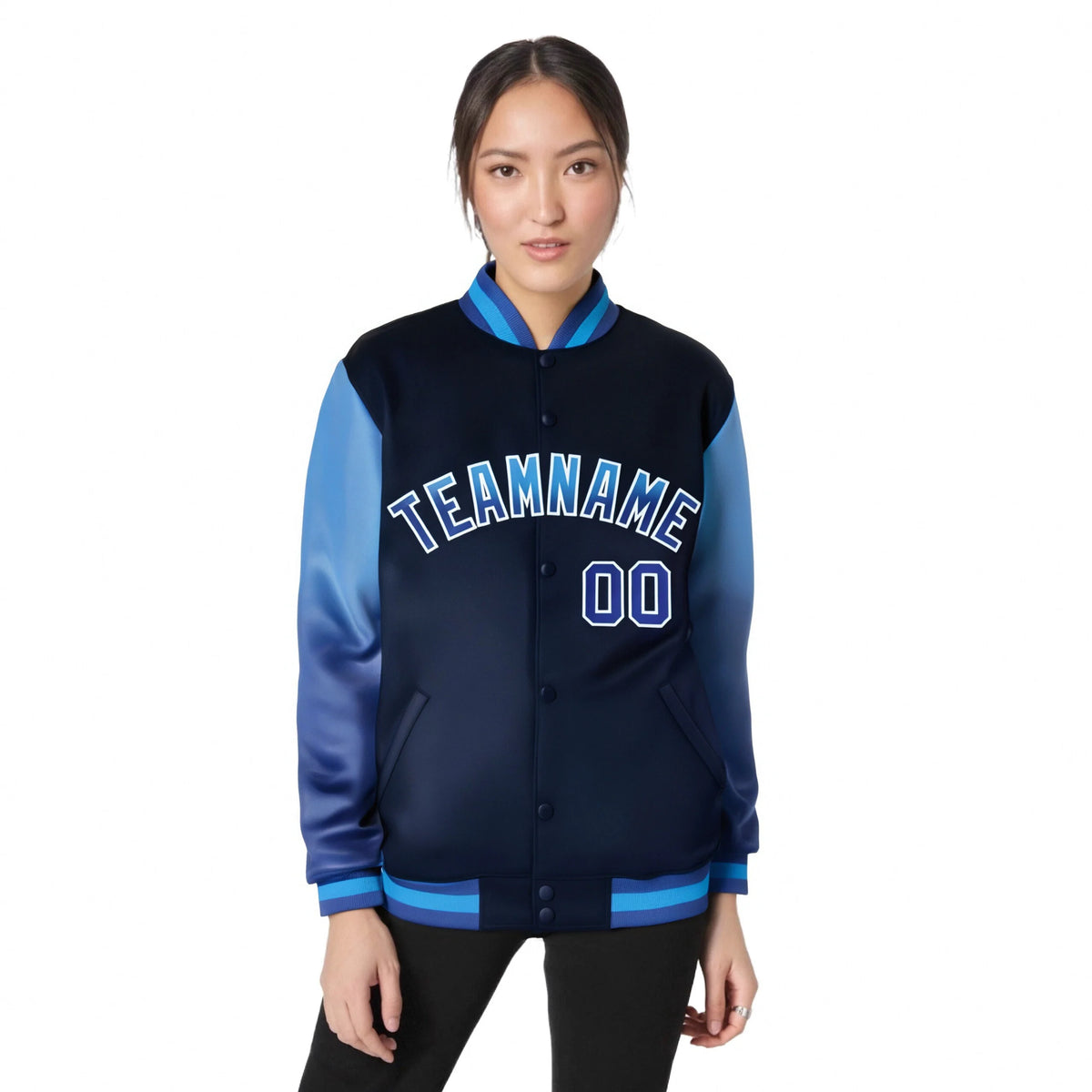 Custom Navy Light Blue-Royal Blue Varsity Full-Snap Sleeve Gradient Fashion Letterman Baseball Jacket