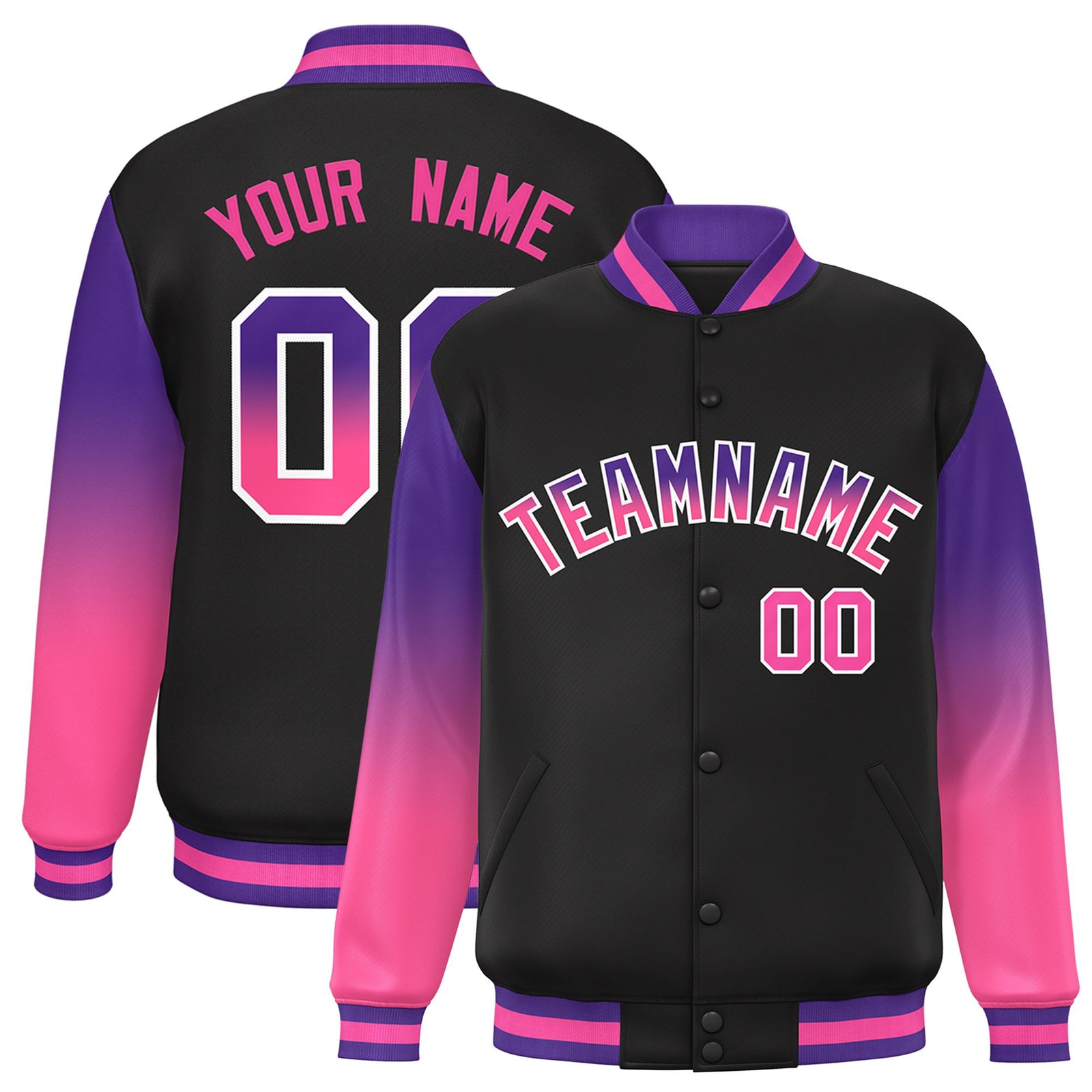 Custom Black Purple-Pink Varsity Full-Snap Sleeve Gradient Fashion Letterman Baseball Jacket