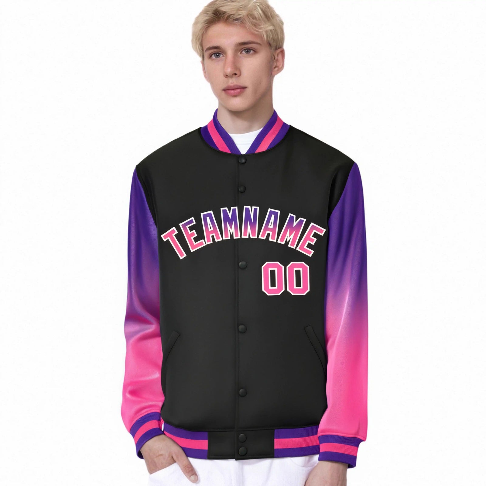 Custom Black Purple-Pink Varsity Full-Snap Sleeve Gradient Fashion Letterman Baseball Jacket