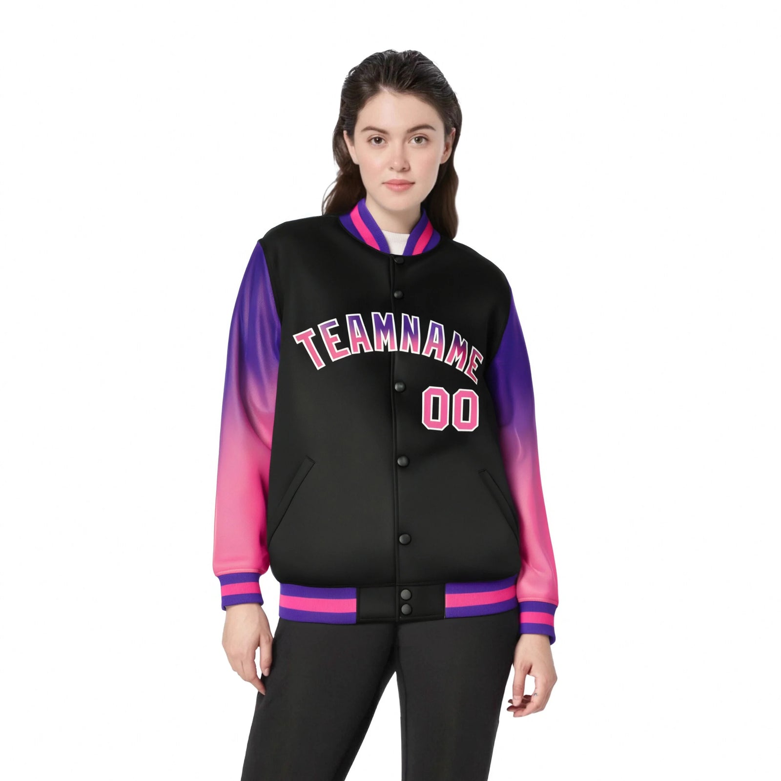 Custom Black Purple-Pink Varsity Full-Snap Sleeve Gradient Fashion Letterman Baseball Jacket