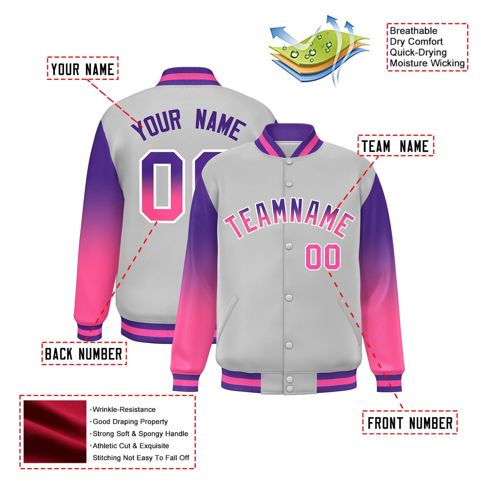 Custom Gray Purple-Pink Varsity Full-Snap Sleeve Gradient Fashion Letterman Baseball Jacket