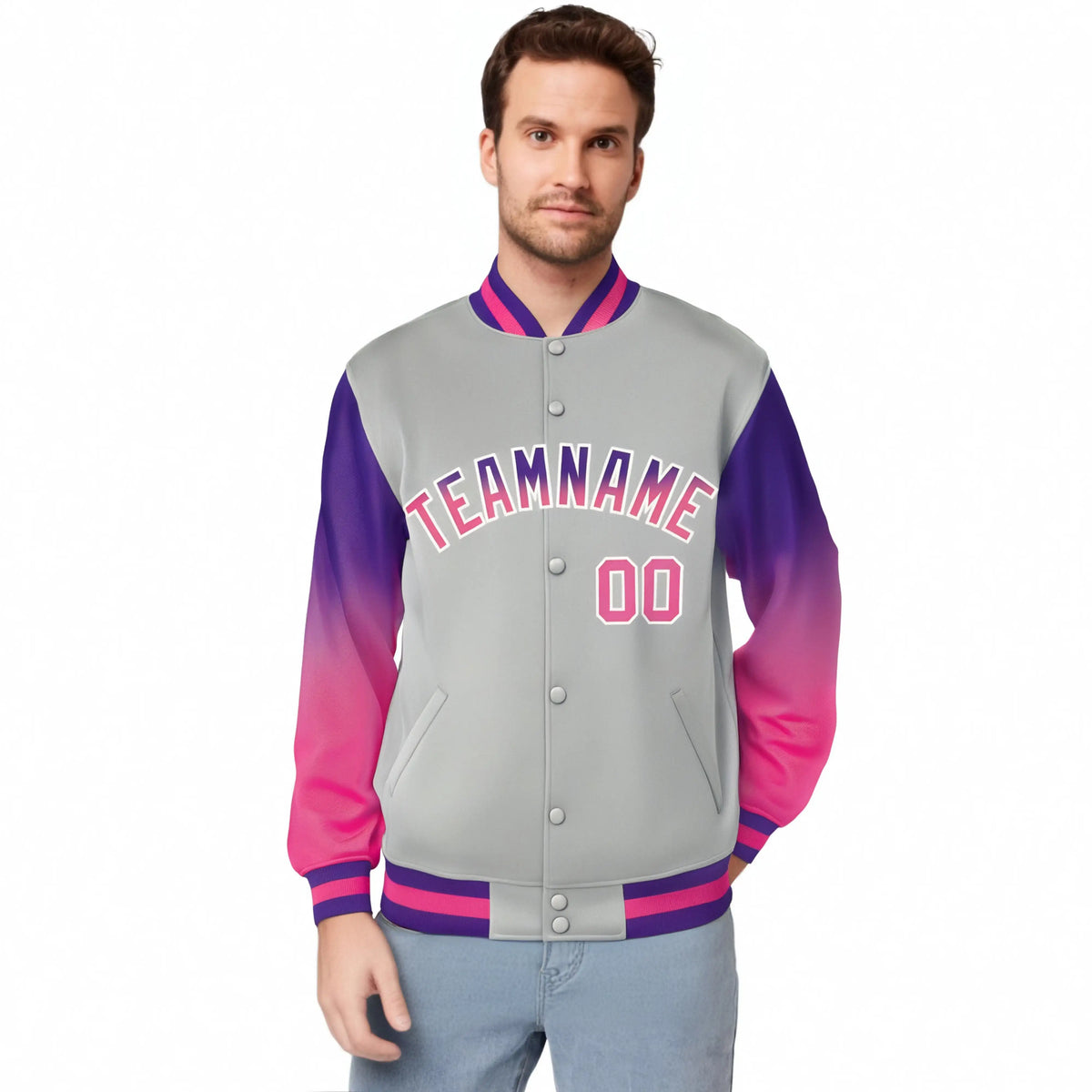 Custom Gray Purple-Pink Varsity Full-Snap Sleeve Gradient Fashion Letterman Baseball Jacket