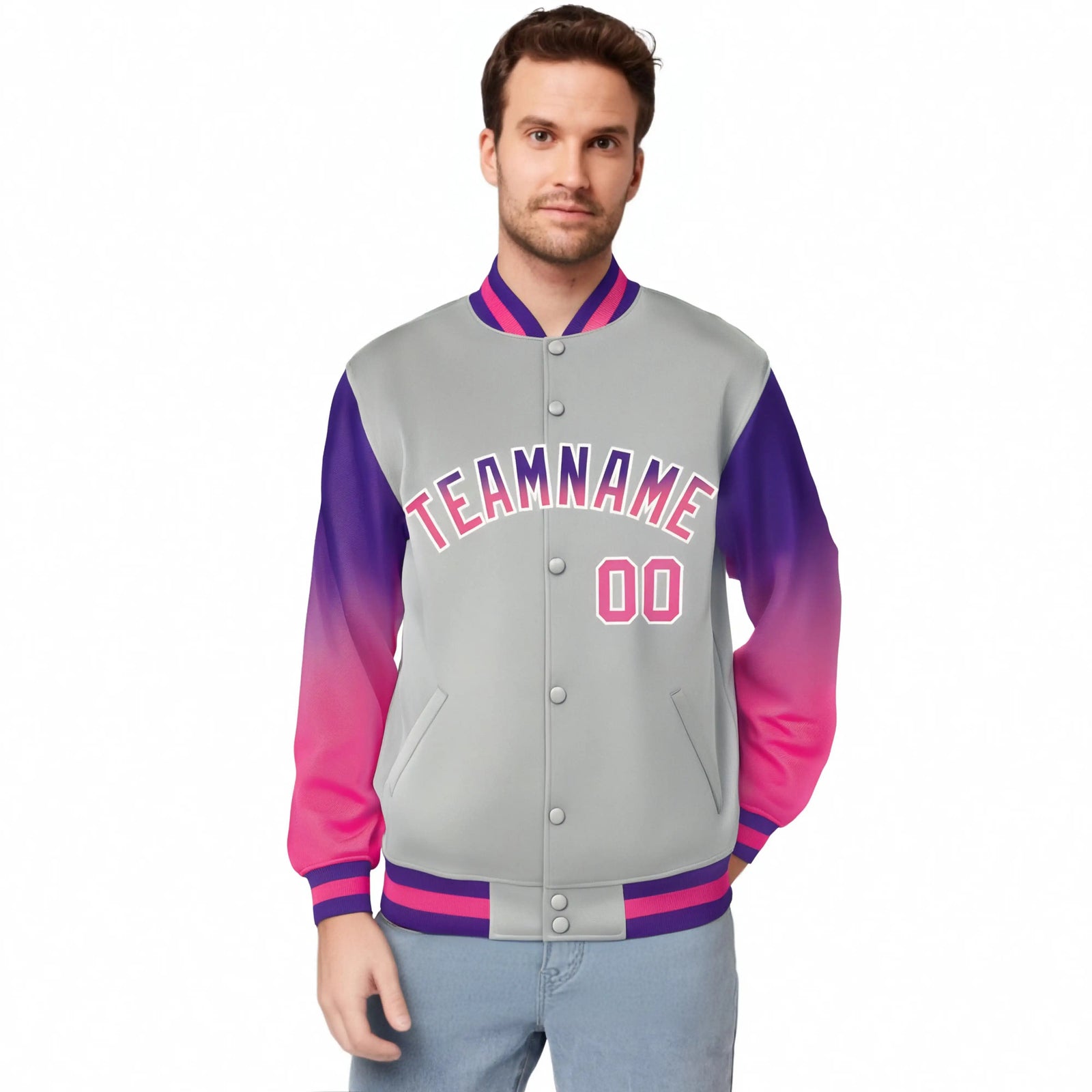 Custom Gray Purple-Pink Varsity Full-Snap Sleeve Gradient Fashion Letterman Baseball Jacket