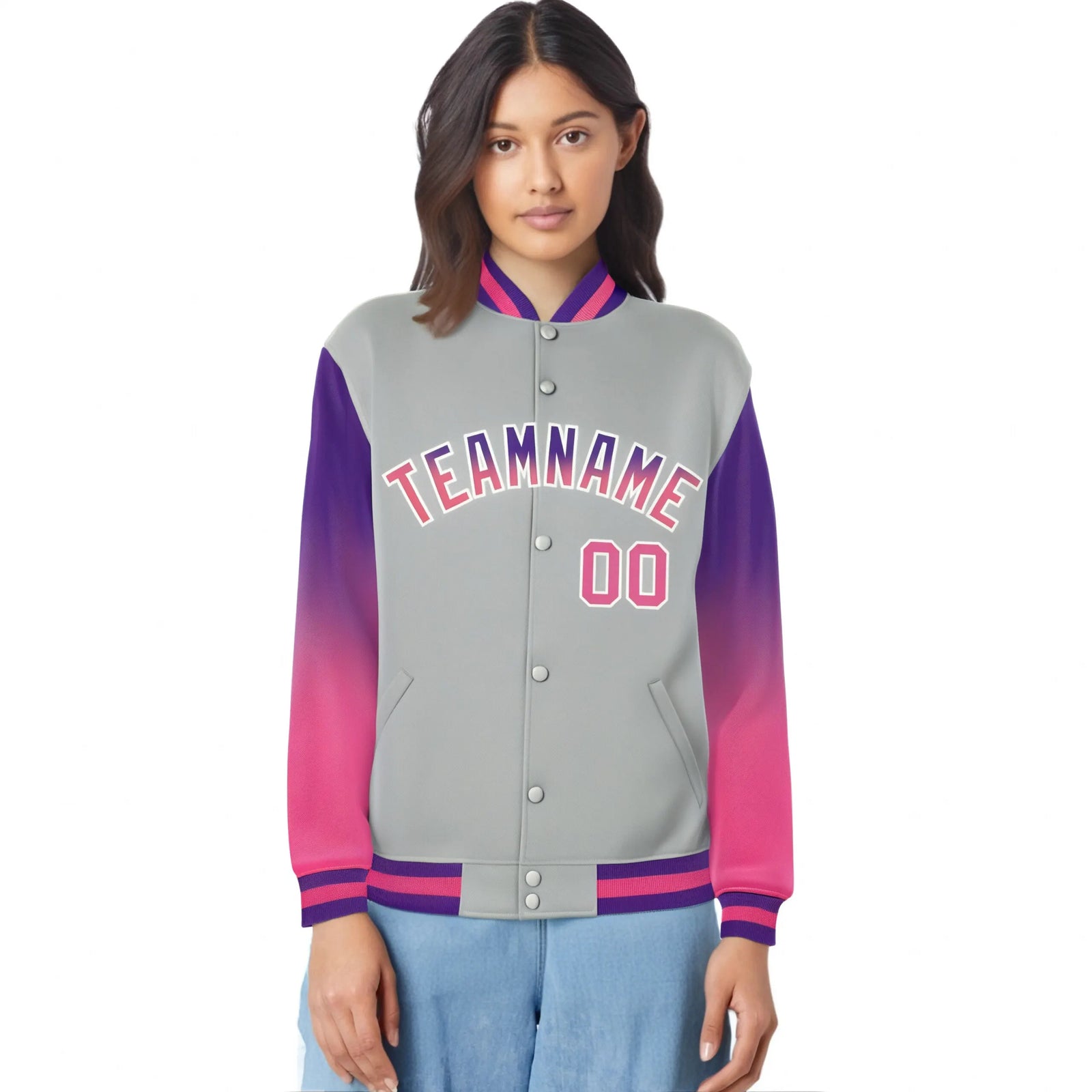Custom Gray Purple-Pink Varsity Full-Snap Sleeve Gradient Fashion Letterman Baseball Jacket