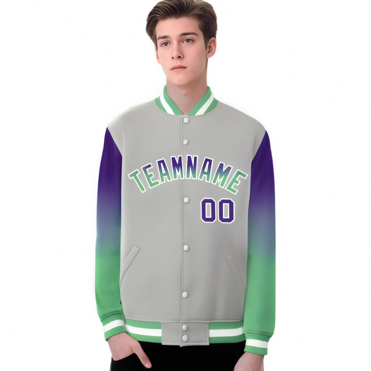Custom Gray Purple-Bright Green Varsity Full-Snap Sleeve Gradient Fashion Letterman Baseball Jacket