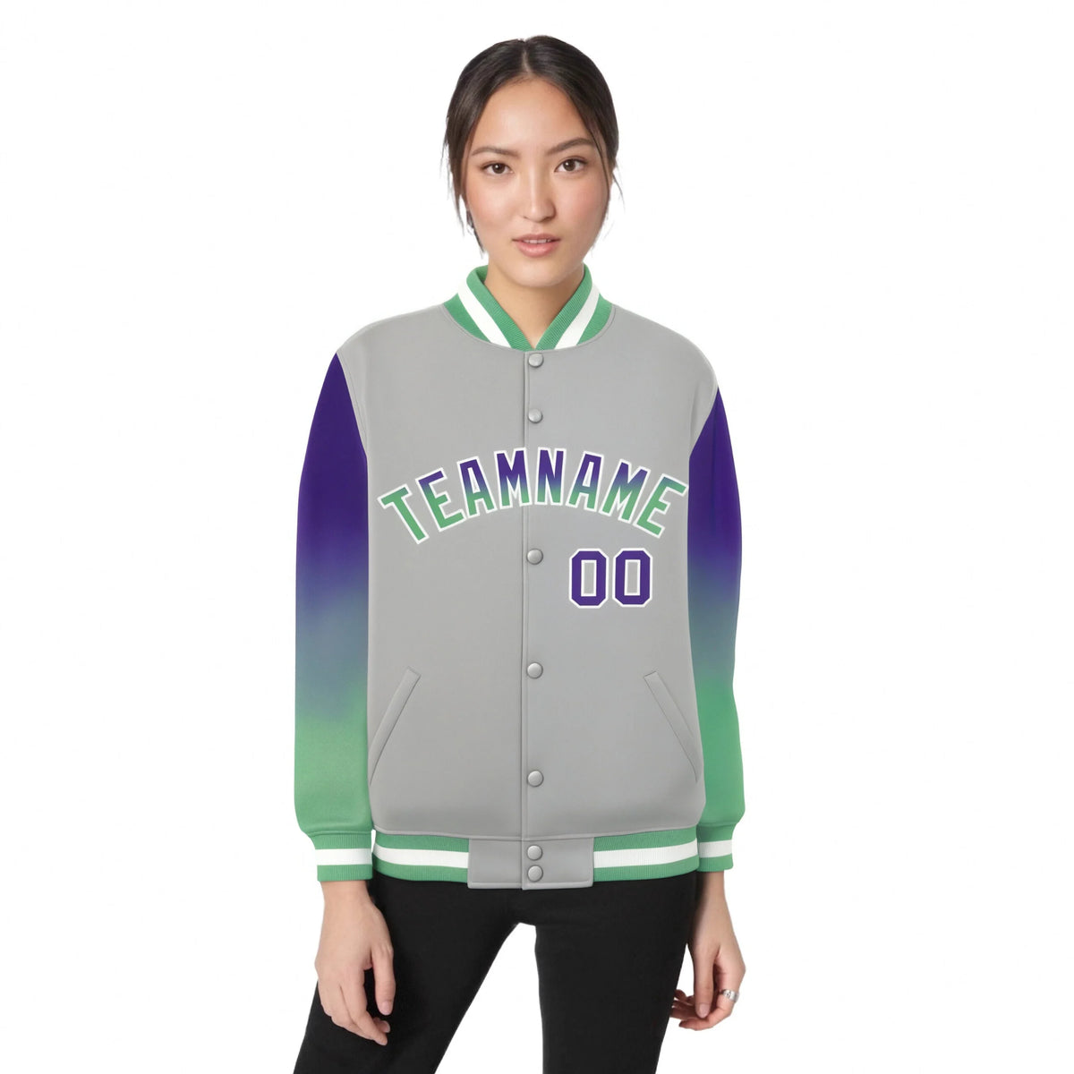 Custom Gray Purple-Bright Green Varsity Full-Snap Sleeve Gradient Fashion Letterman Baseball Jacket