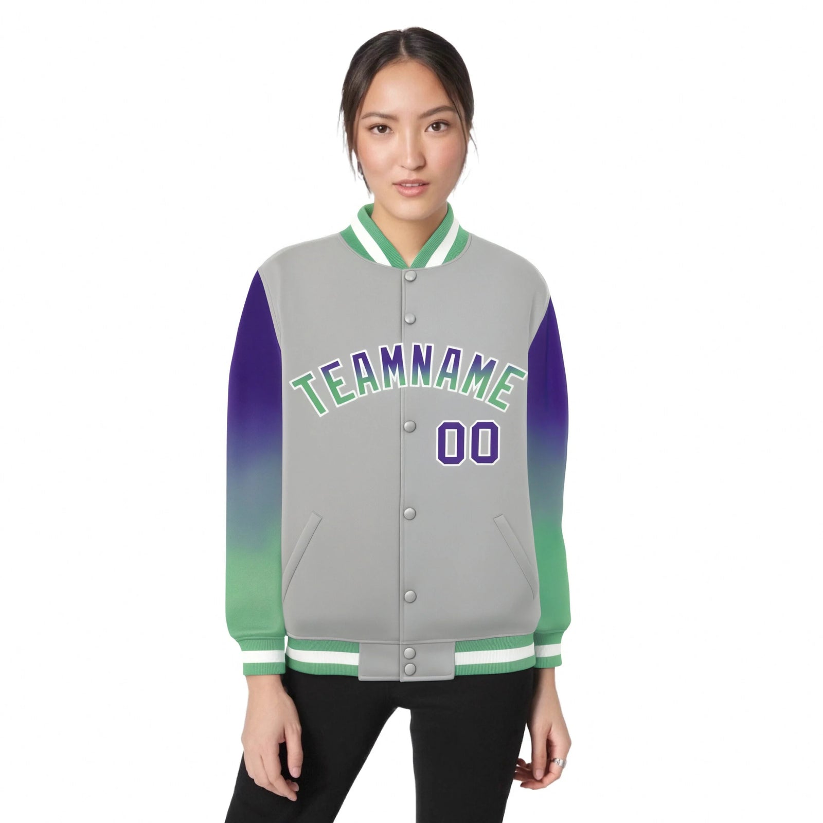Custom Gray Purple-Bright Green Varsity Full-Snap Sleeve Gradient Fashion Letterman Baseball Jacket