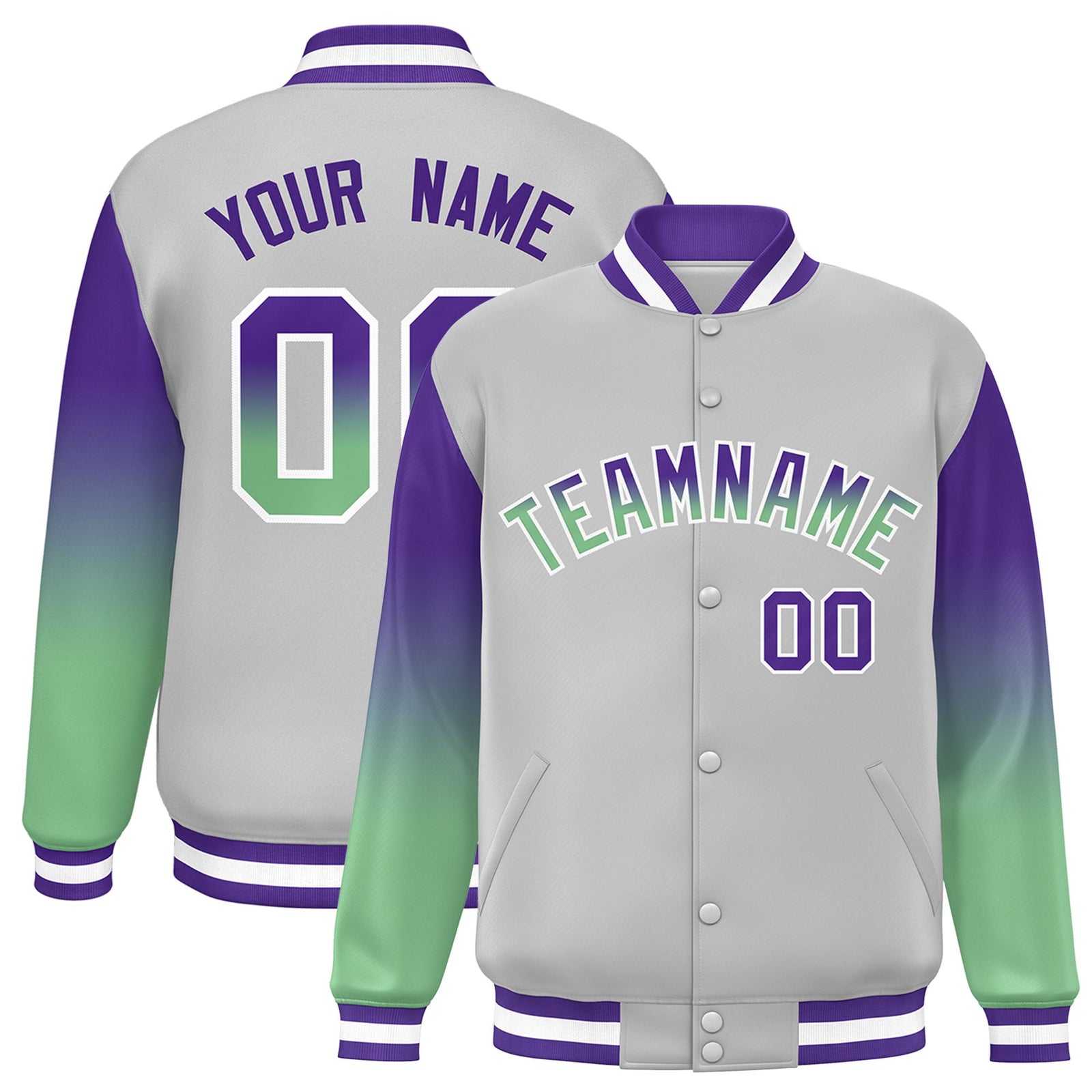Custom Gray Purple-Bright Green Varsity Full-Snap Sleeve Gradient Fashion Letterman Baseball Jacket