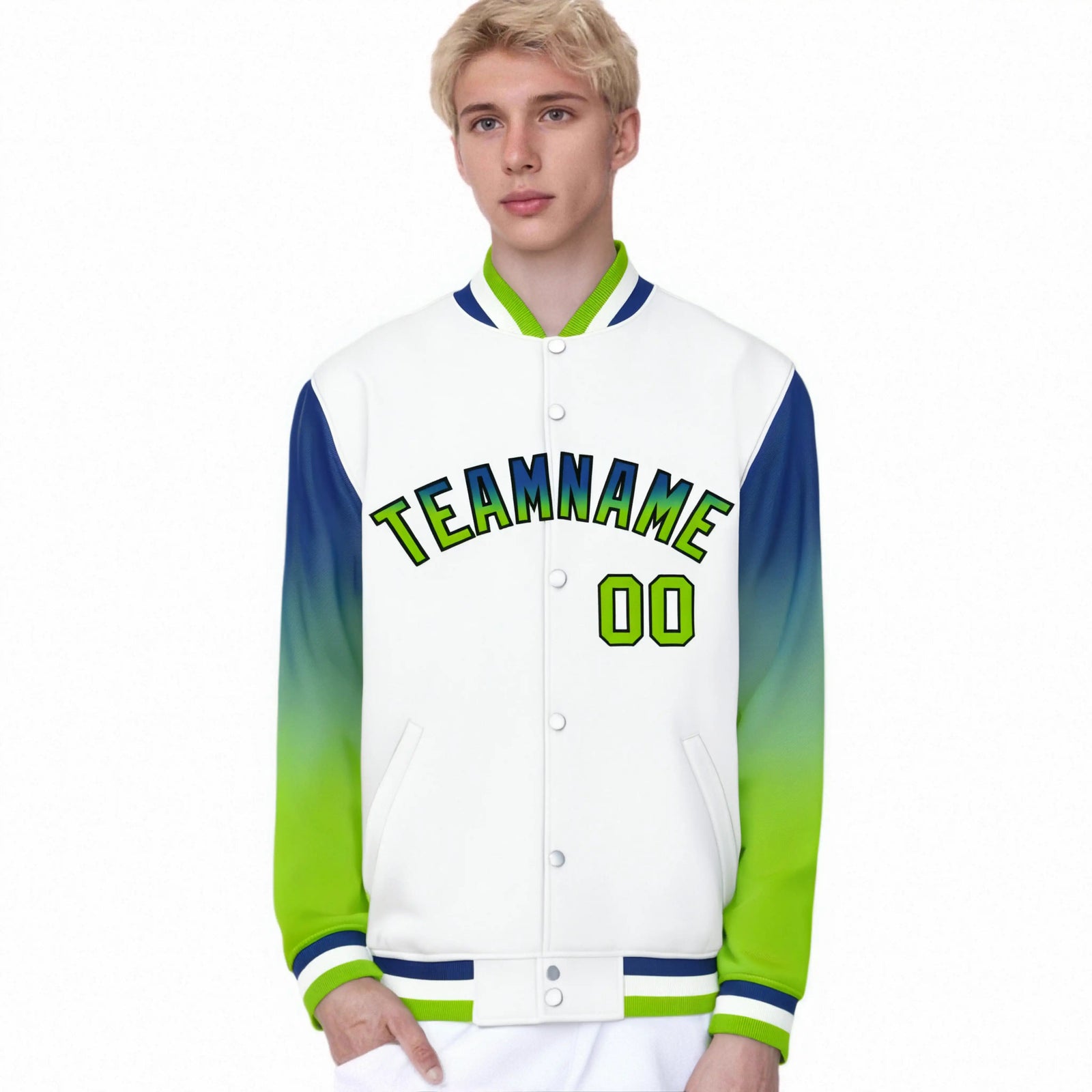 Custom White Royal Blue-Neon Green Varsity Full-Snap Sleeve Gradient Fashion Letterman Baseball Jacket