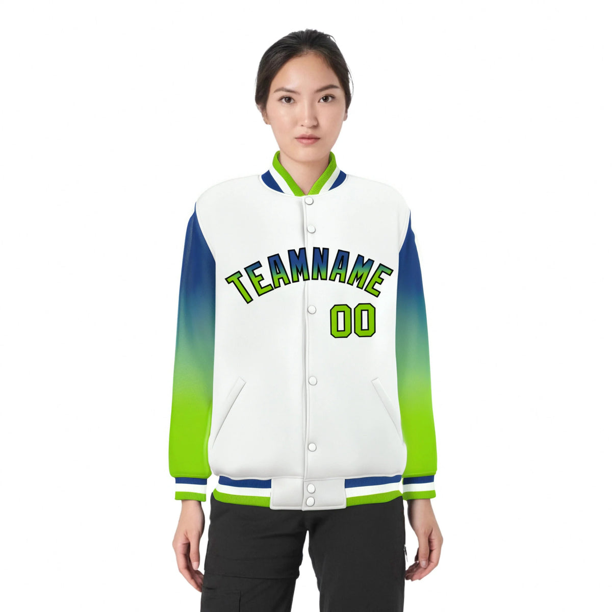 Custom White Royal Blue-Neon Green Varsity Full-Snap Sleeve Gradient Fashion Letterman Baseball Jacket