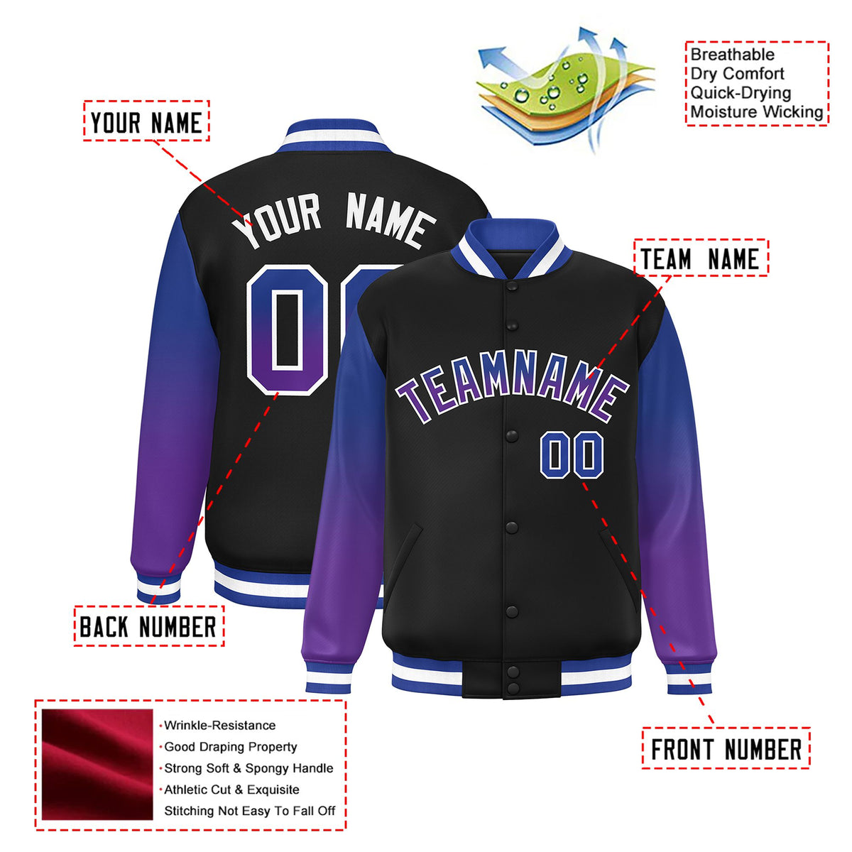 Custom Black Royal Blue-Purple Varsity Full-Snap Sleeve Gradient Fashion Letterman Baseball Jacket