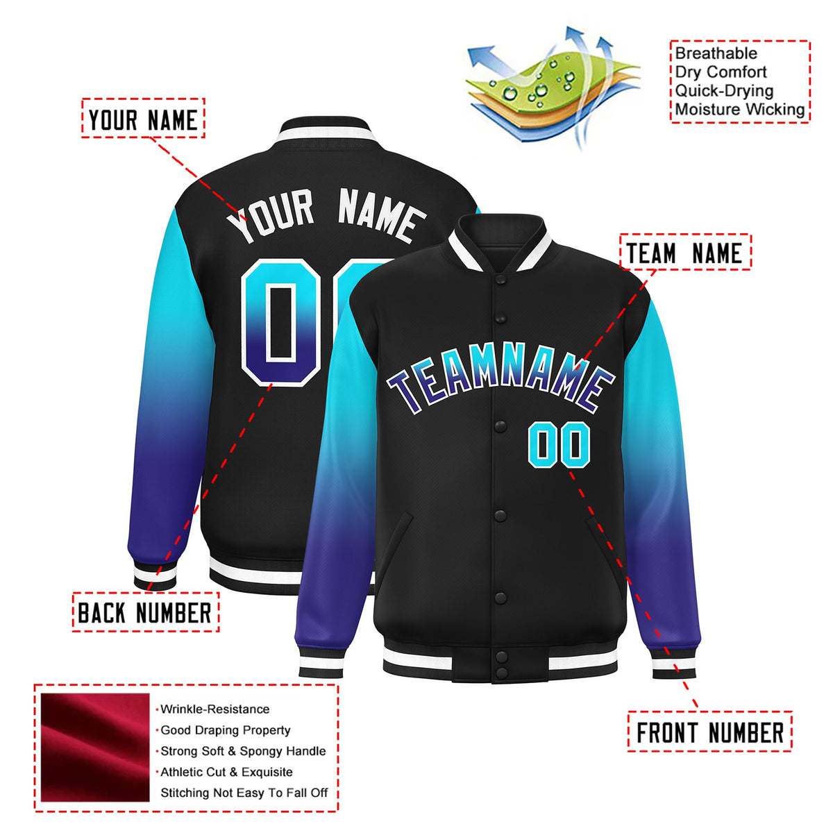 Custom Black Sky Blue-Purple Varsity Full-Snap Sleeve Gradient Fashion Letterman Baseball Jacket
