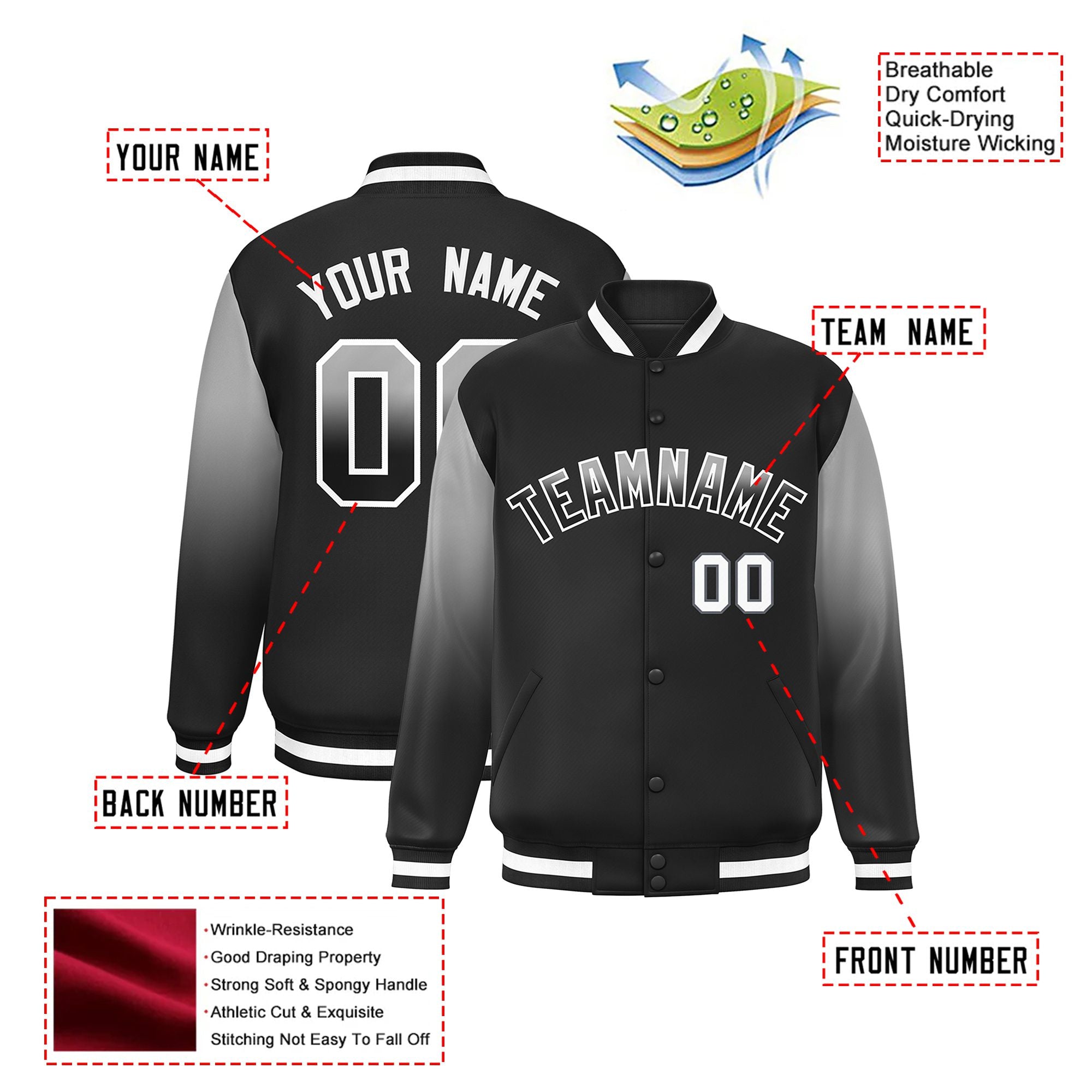 Custom Black Gray-Dark Gray Varsity Full-Snap Sleeve Gradient Fashion Letterman Baseball Jacket