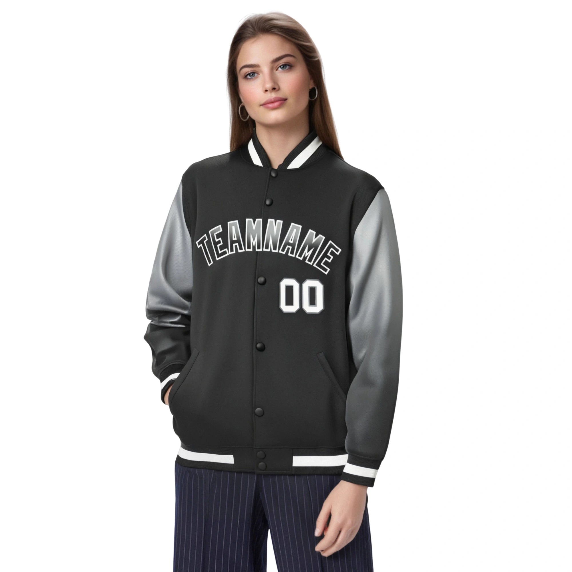 Custom Black Gray-Dark Gray Varsity Full-Snap Sleeve Gradient Fashion Letterman Baseball Jacket