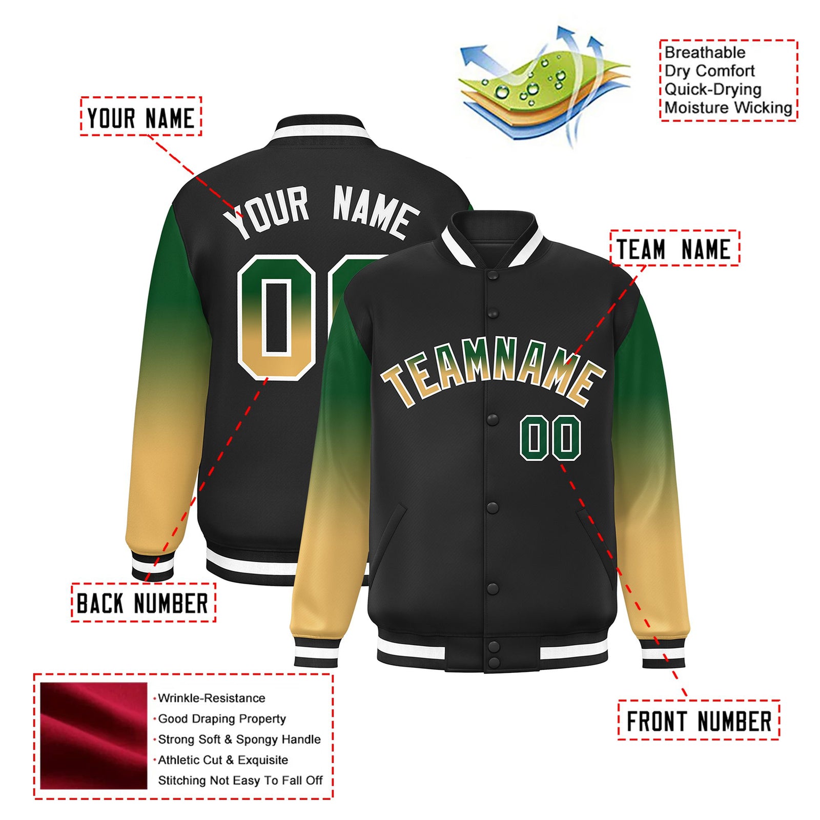 Custom Black Green-Khaki Varsity Full-Snap Sleeve Gradient Fashion Letterman Baseball Jacket