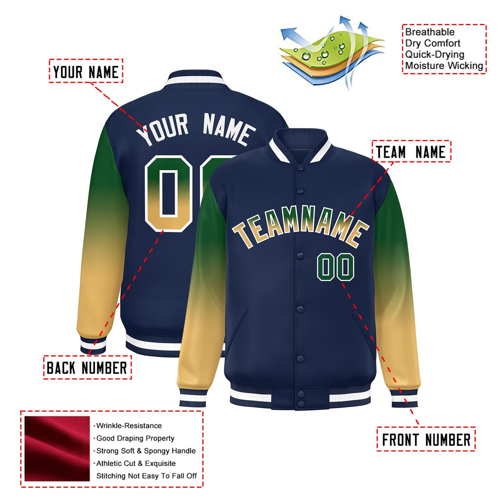 Custom Navy Green-Khaki Varsity Full-Snap Sleeve Gradient Fashion Letterman Baseball Jacket