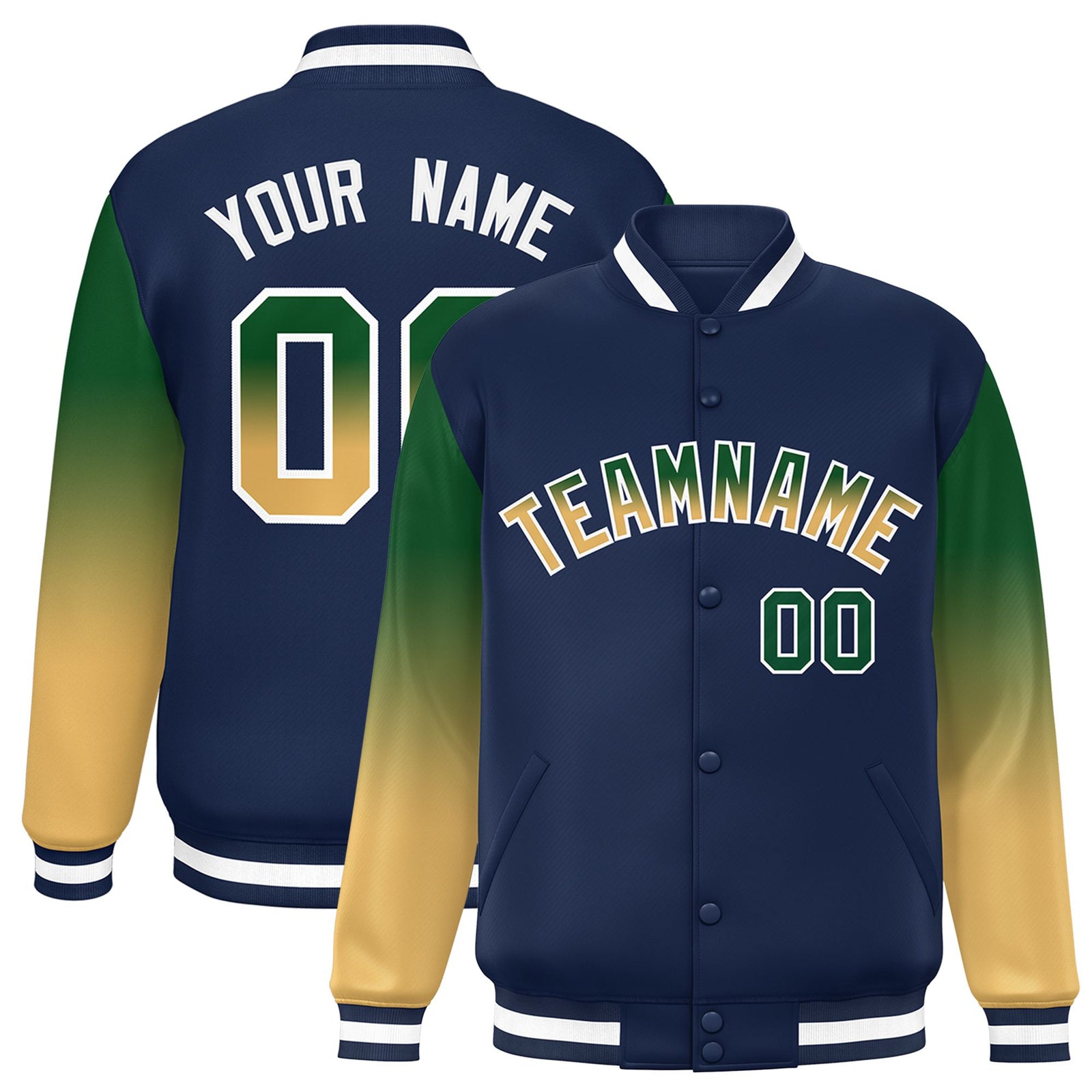Custom Navy Green-Khaki Varsity Full-Snap Sleeve Gradient Fashion Letterman Baseball Jacket
