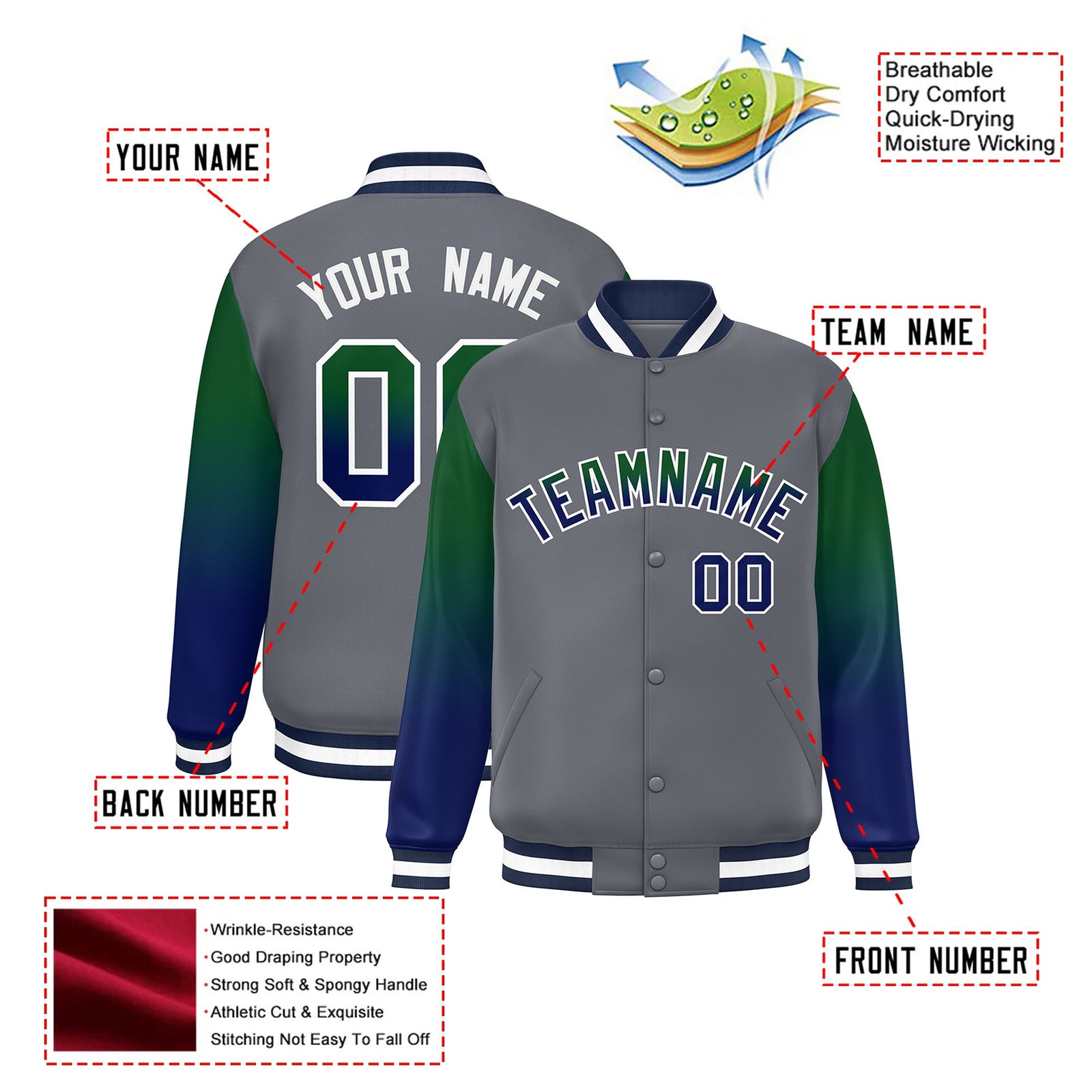 Custom Dark Gray Green-Royal Blue Varsity Full-Snap Sleeve Gradient Fashion Letterman Baseball Jacket