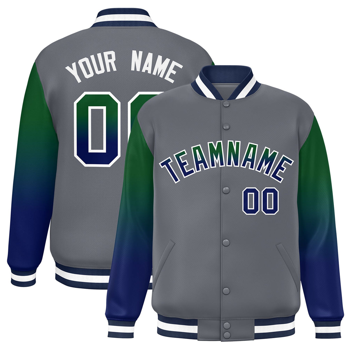 Custom Dark Gray Green-Royal Blue Varsity Full-Snap Sleeve Gradient Fashion Letterman Baseball Jacket